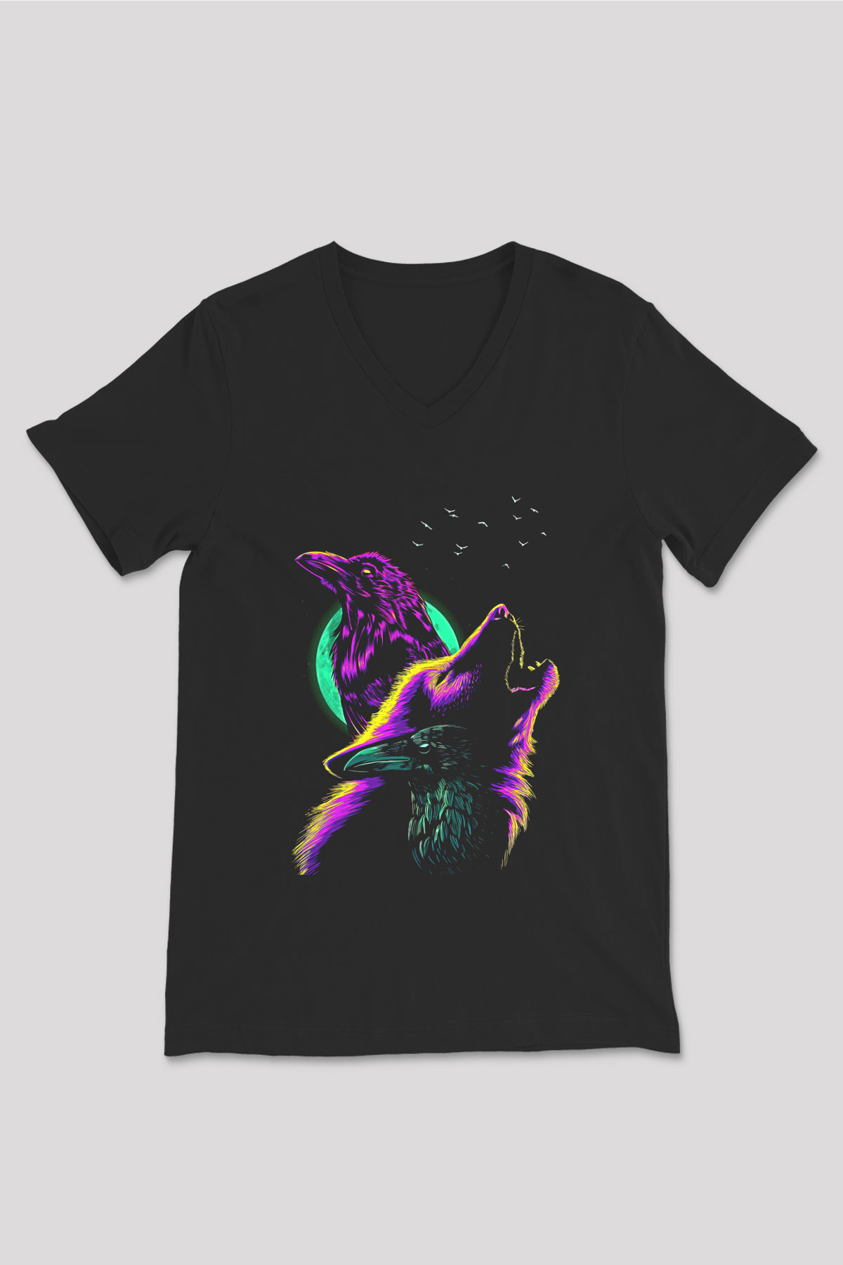 Karga Baskılı Unisex Siyah V Yaka Tişört - Tshirt