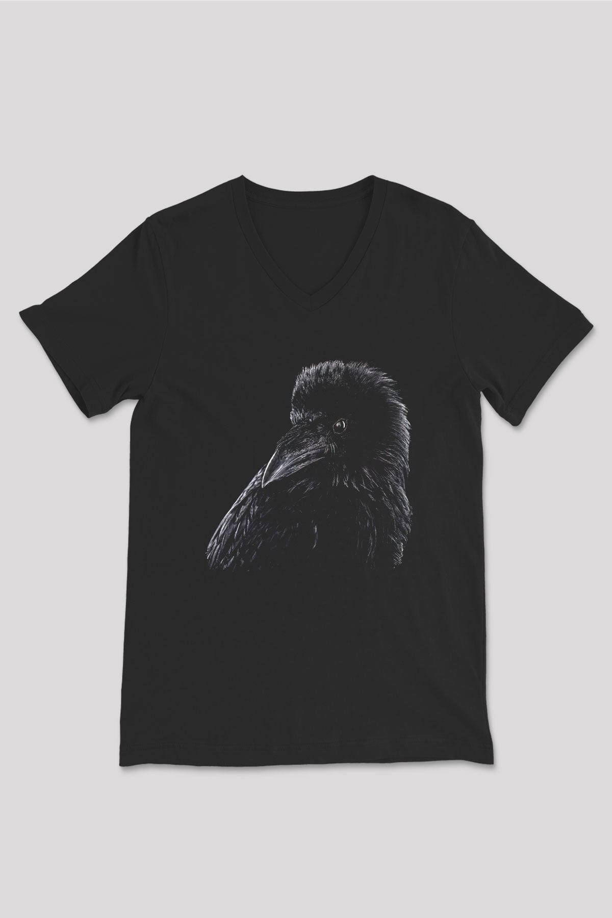 Karga Baskılı Unisex Siyah V Yaka Tişört - Tshirt