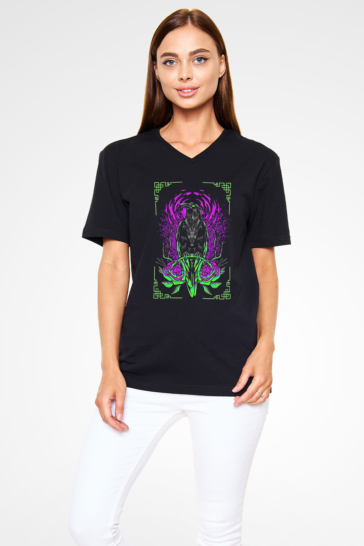 Karga Baskılı Unisex Siyah V Yaka Tişört - Tshirt