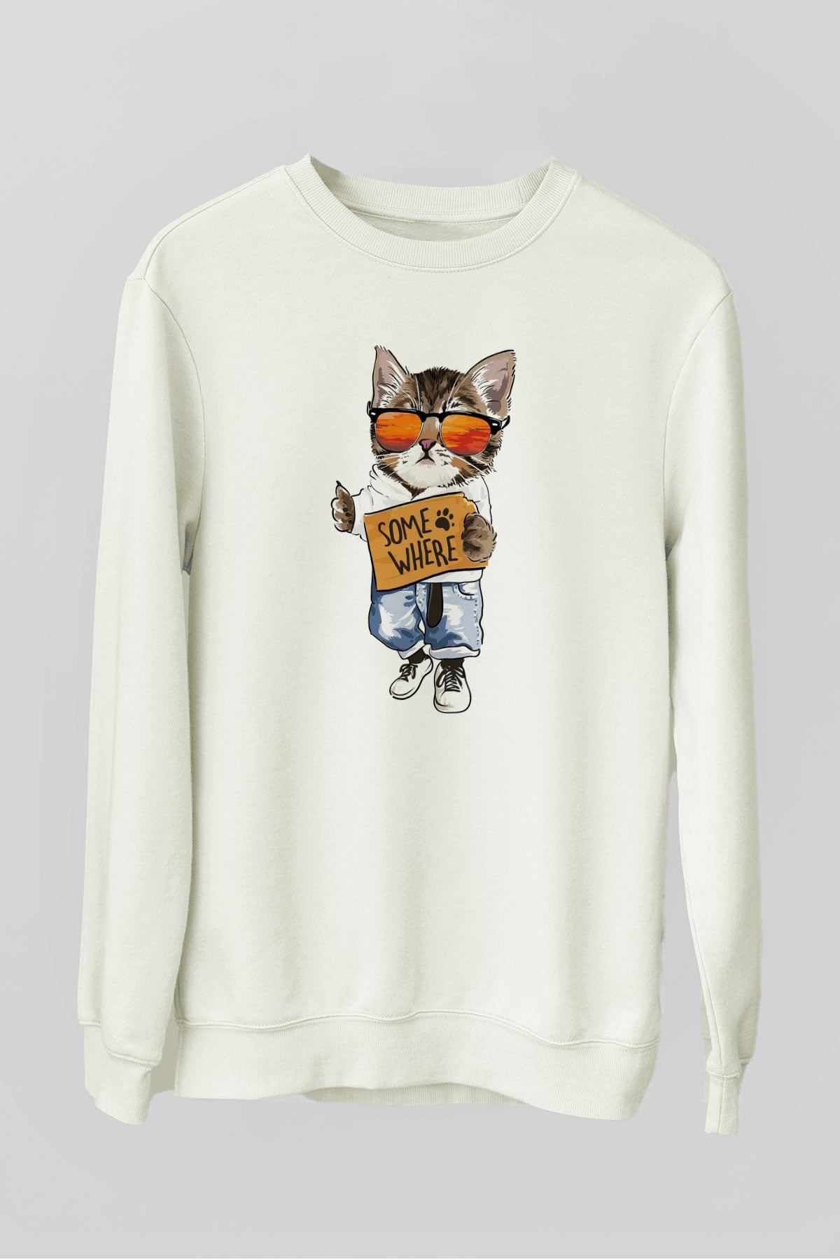Karizmatik Kedi Baskılı Unisex Beyaz  Sweatshirt