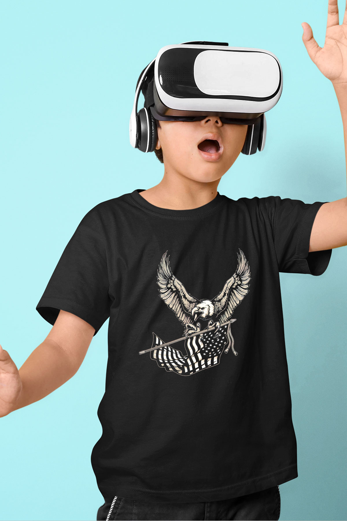 Kartal Baskılı Siyah Unisex Çocuk Tişört