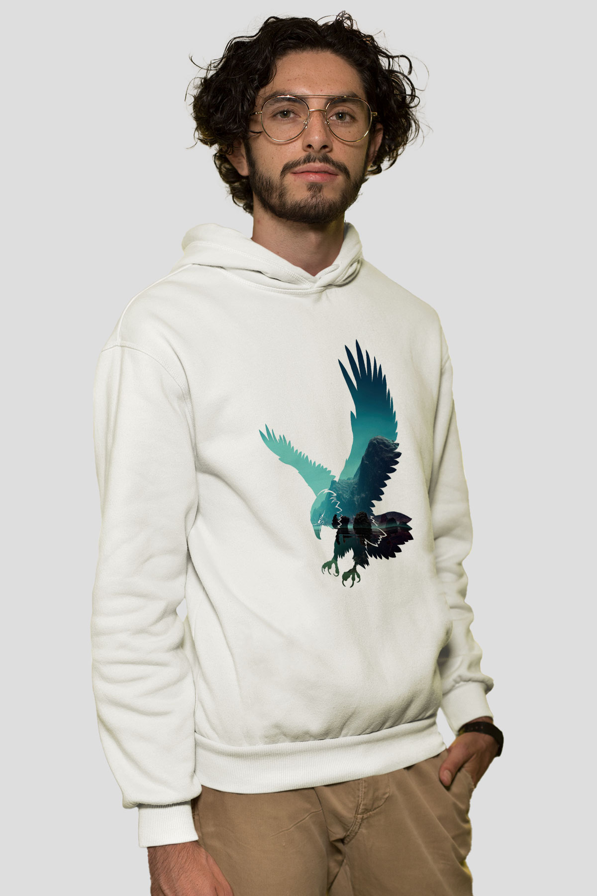 Kartal Beyaz Unisex Kapşonlu Sweatshirt