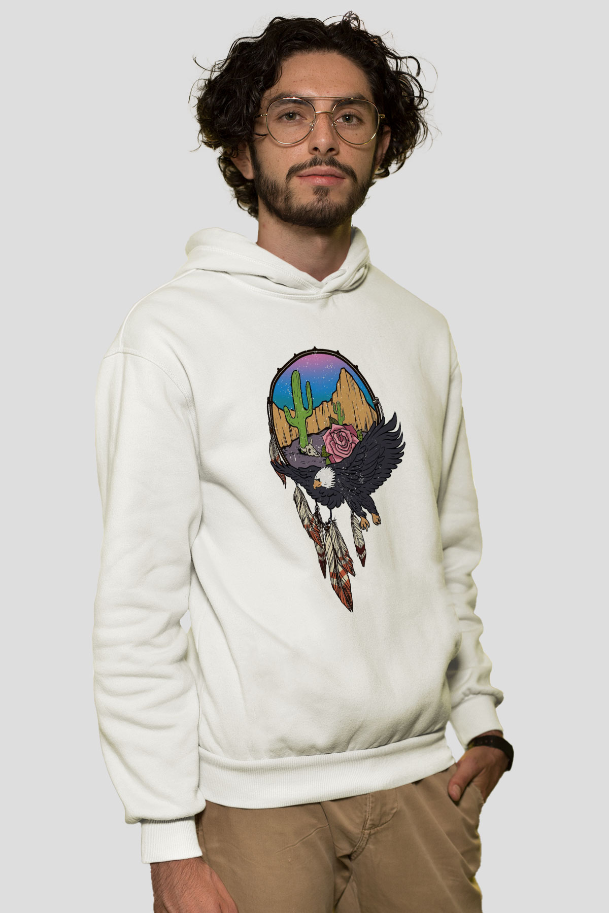 Kartal Beyaz Unisex Kapşonlu Sweatshirt