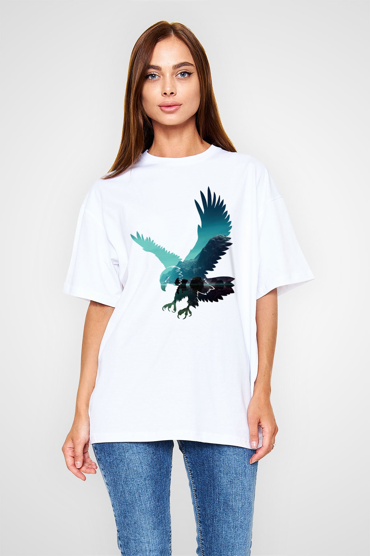 Kartal Beyaz Unisex Oversize Tişört T-Shirt