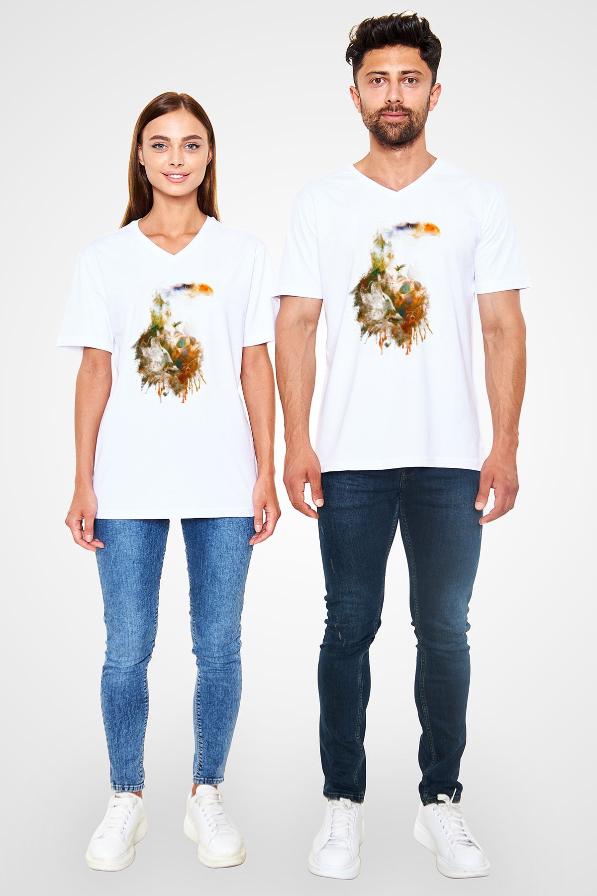 Kartal Beyaz Unisex V Yaka Tişört
