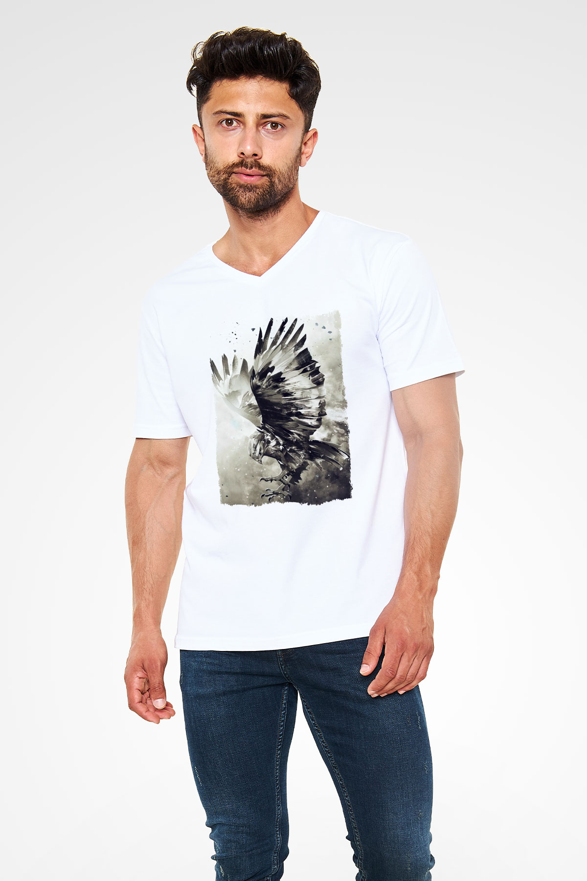 Kartal Beyaz Unisex V Yaka Tişört
