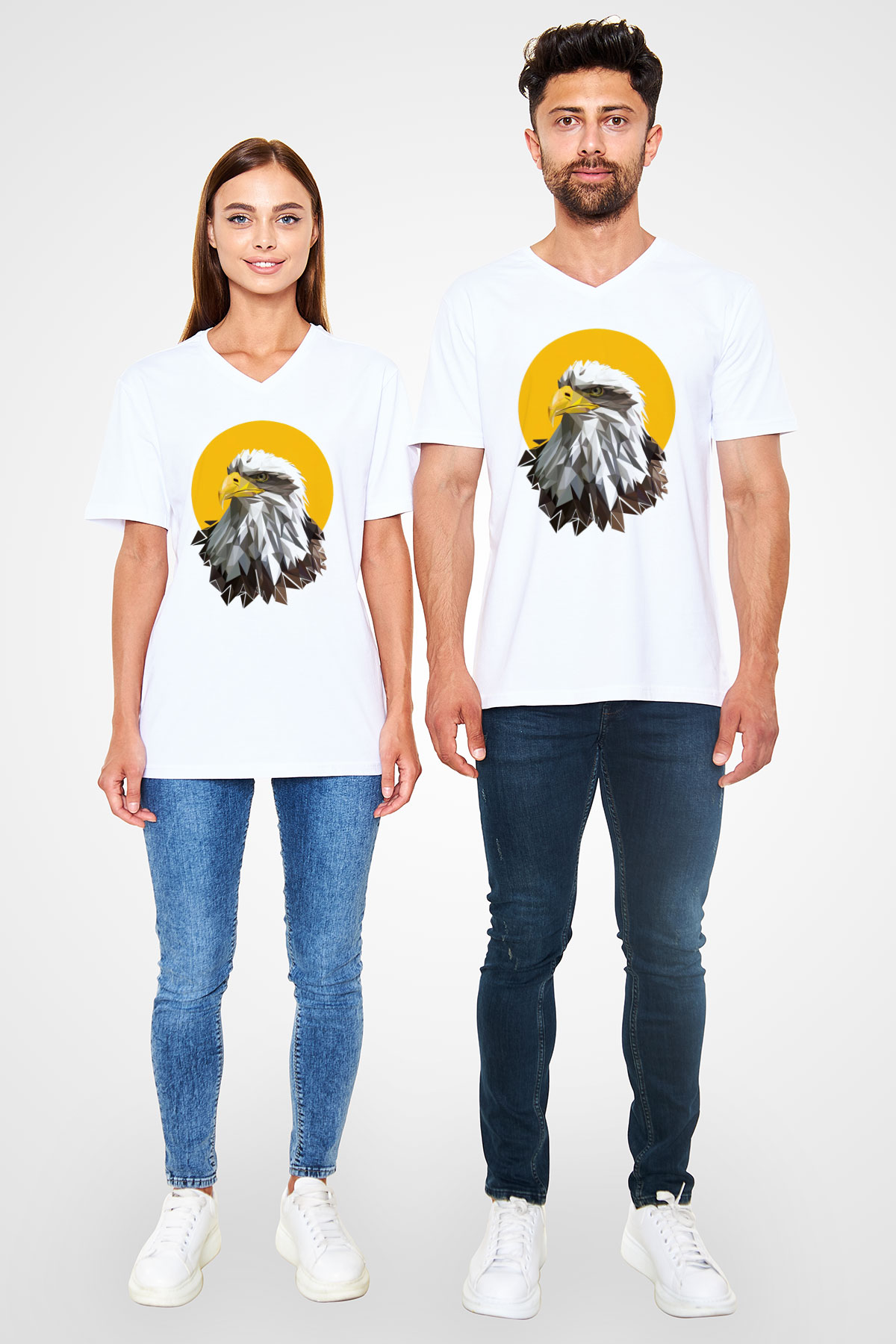 Kartal Beyaz Unisex V Yaka Tişört
