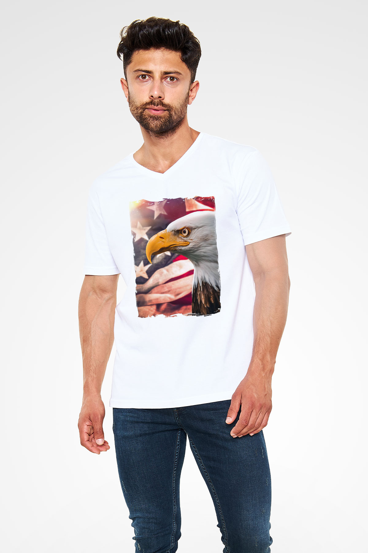 Kartal Beyaz Unisex V Yaka Tişört
