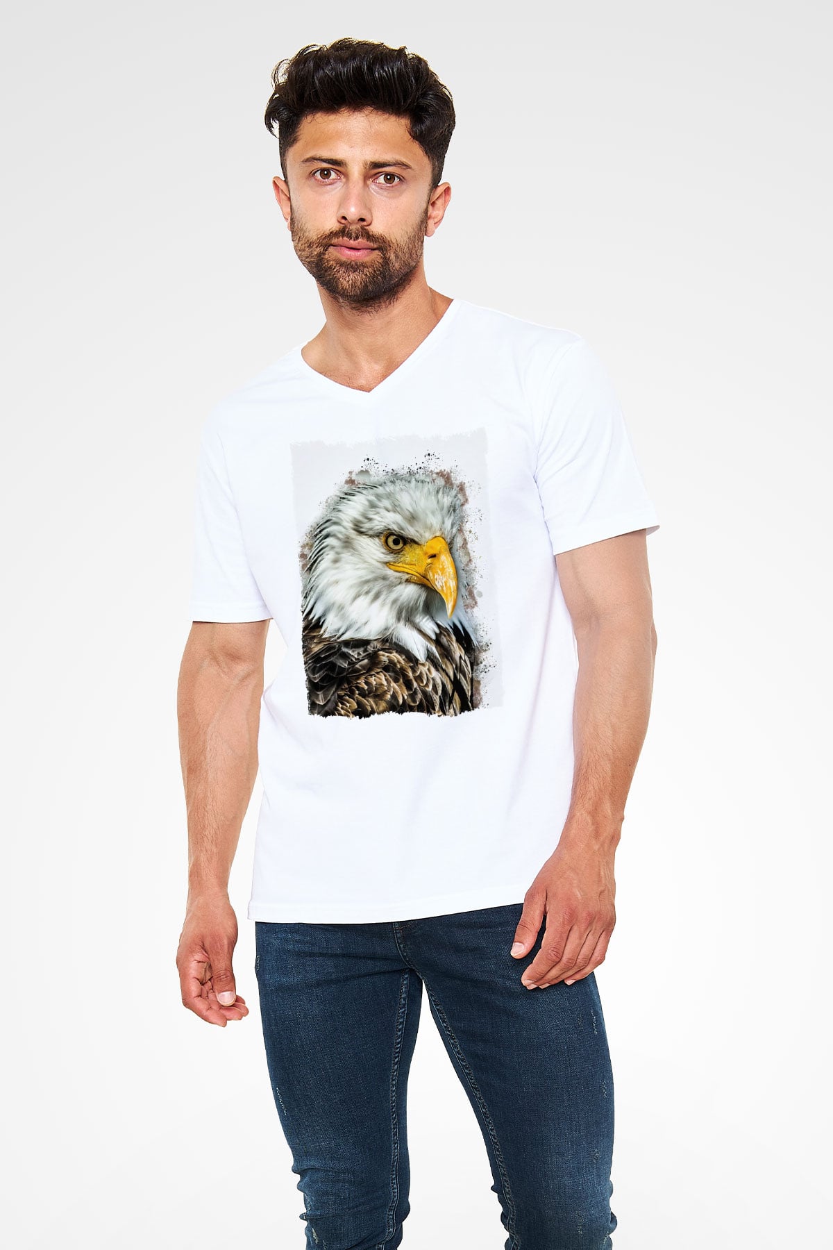 Kartal Beyaz Unisex V Yaka Tişört