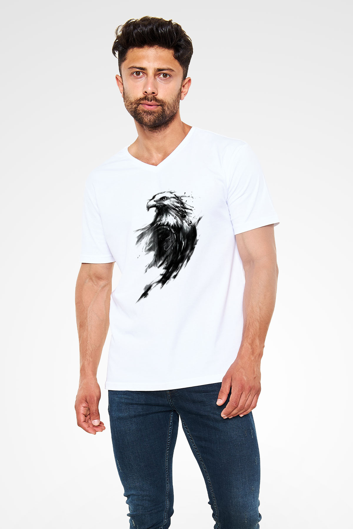 Kartal Beyaz Unisex V Yaka Tişört T-Shirt