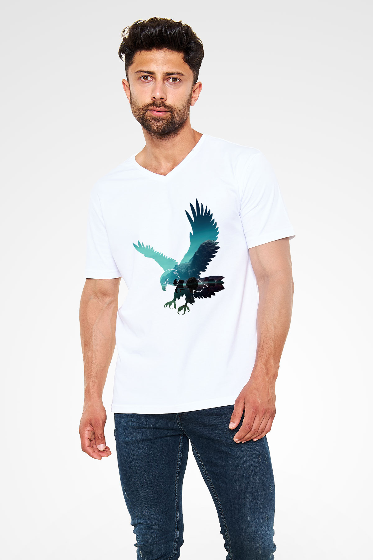 Kartal Beyaz Unisex V Yaka Tişört T-Shirt