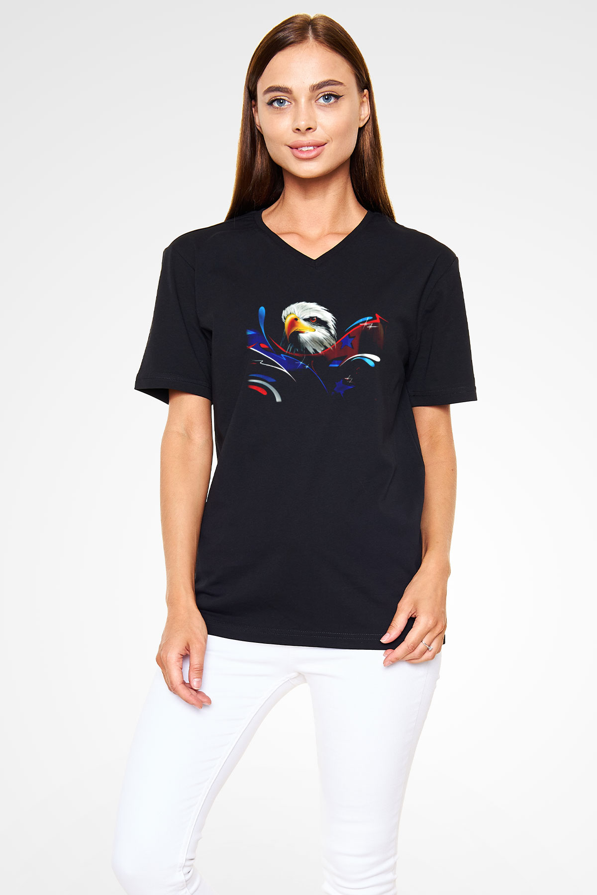 Kartal Siyah Unisex V Yaka Tişört T-Shirt