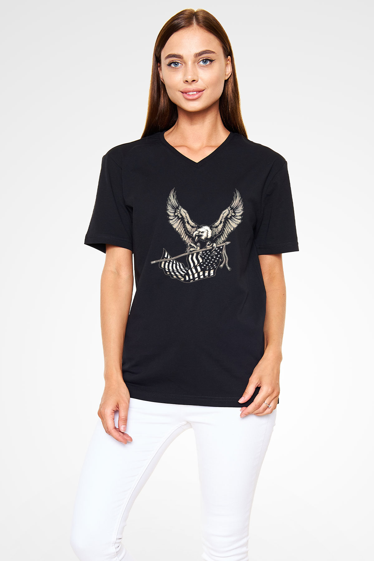 Kartal Siyah Unisex V Yaka Tişört T-Shirt