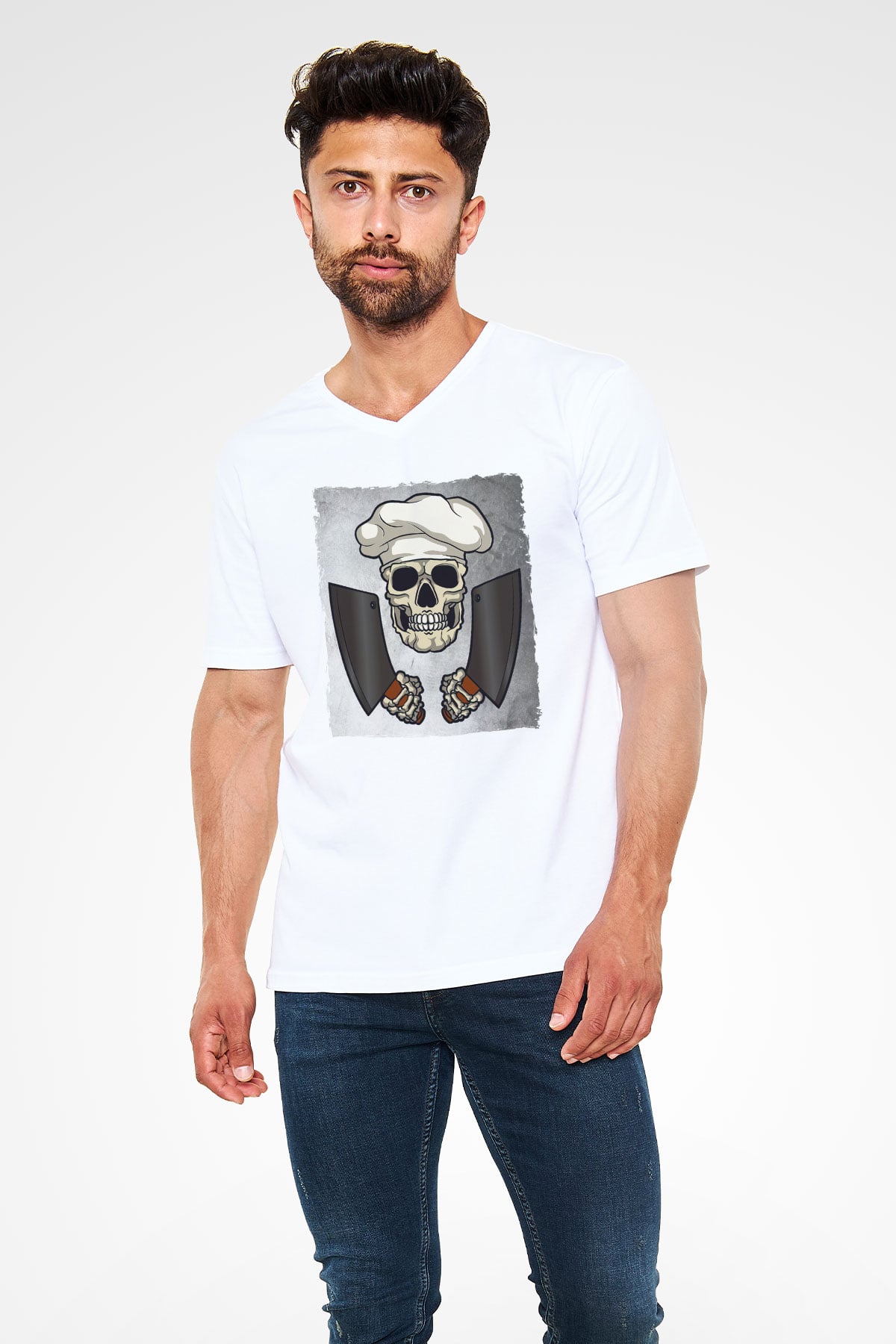 Kasap Beyaz Unisex V Yaka Tişört