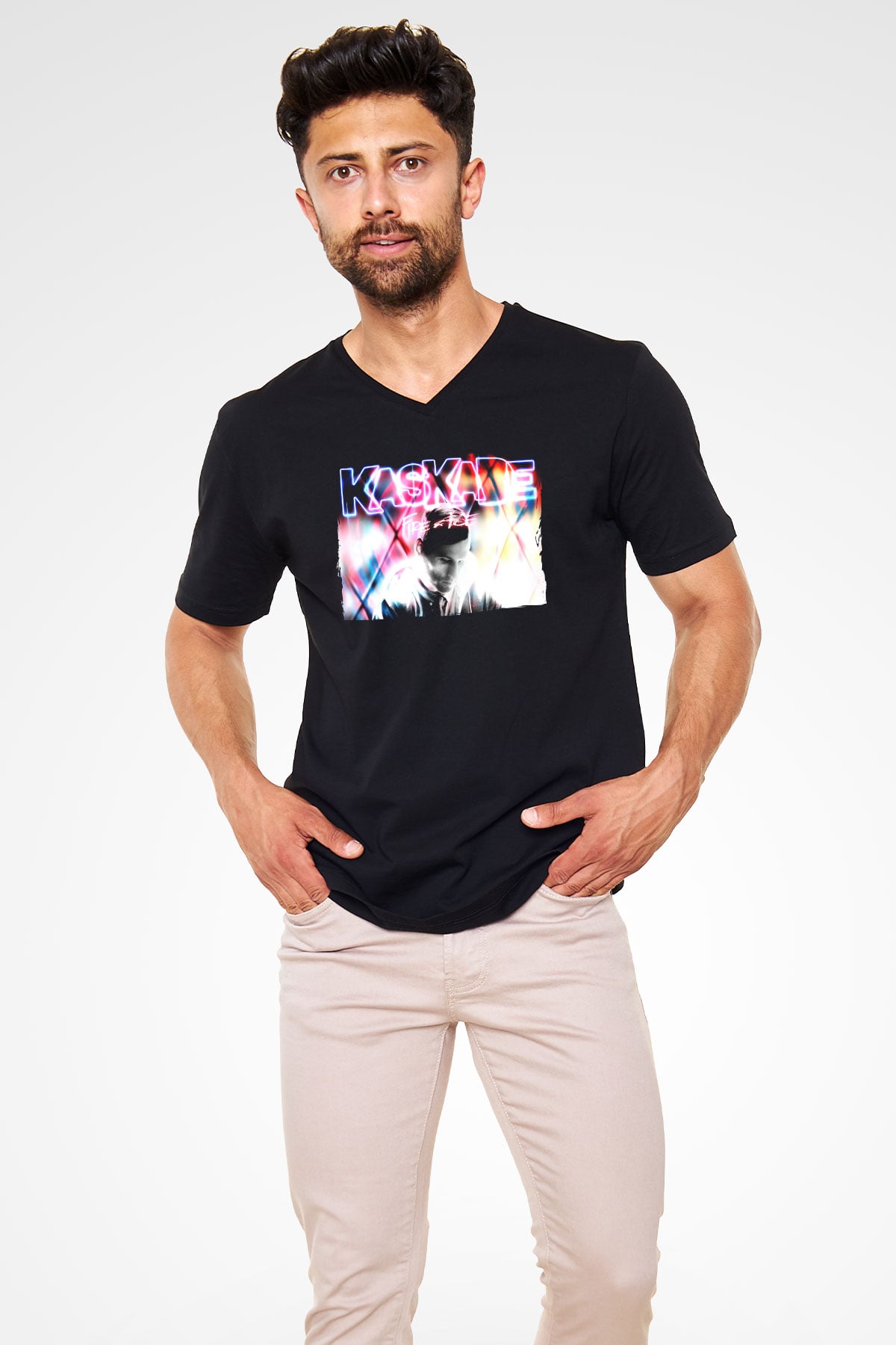 Kaskade Siyah Unisex V Yaka Tişört