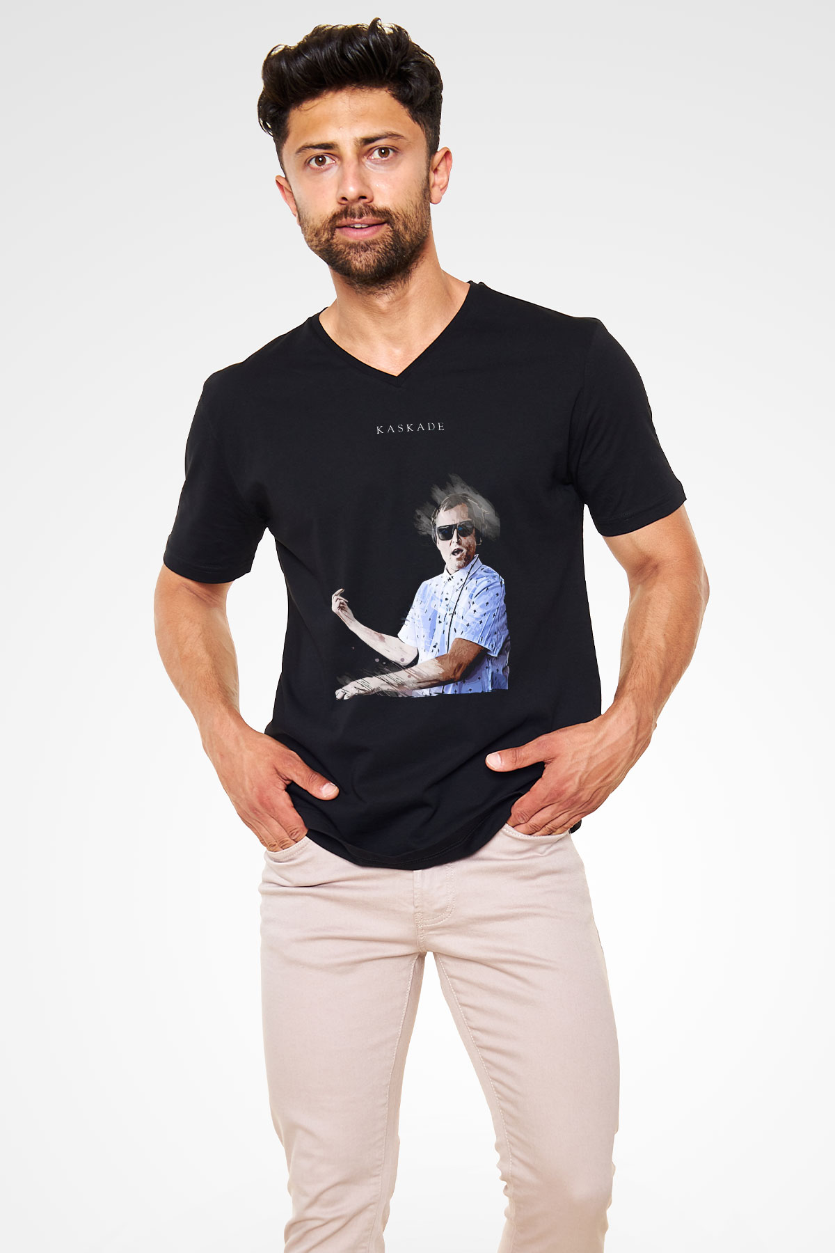 Kaskade Siyah Unisex V Yaka Tişört