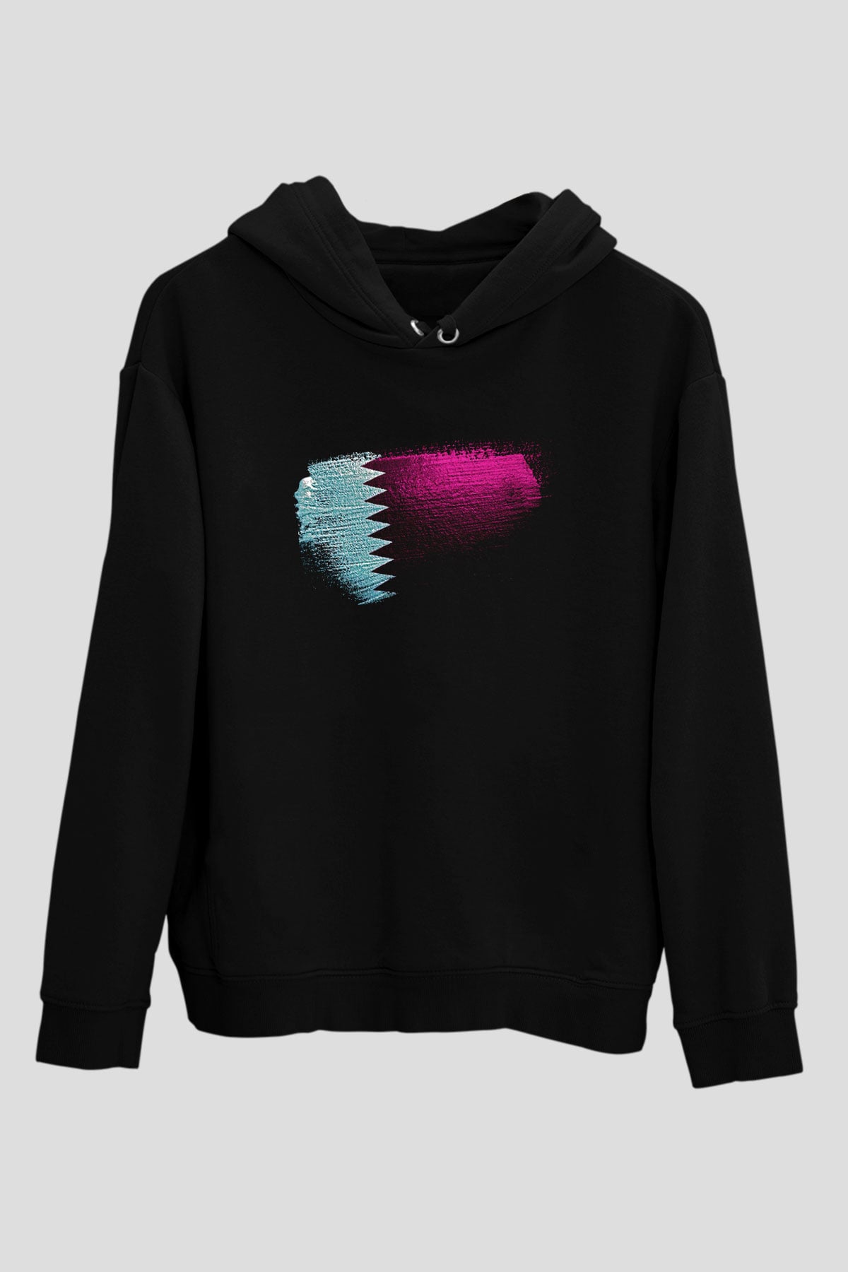 Katar - Qatar Bayrağı Baskılı Unisex Siyah Kapüşonlu Sweatshirt