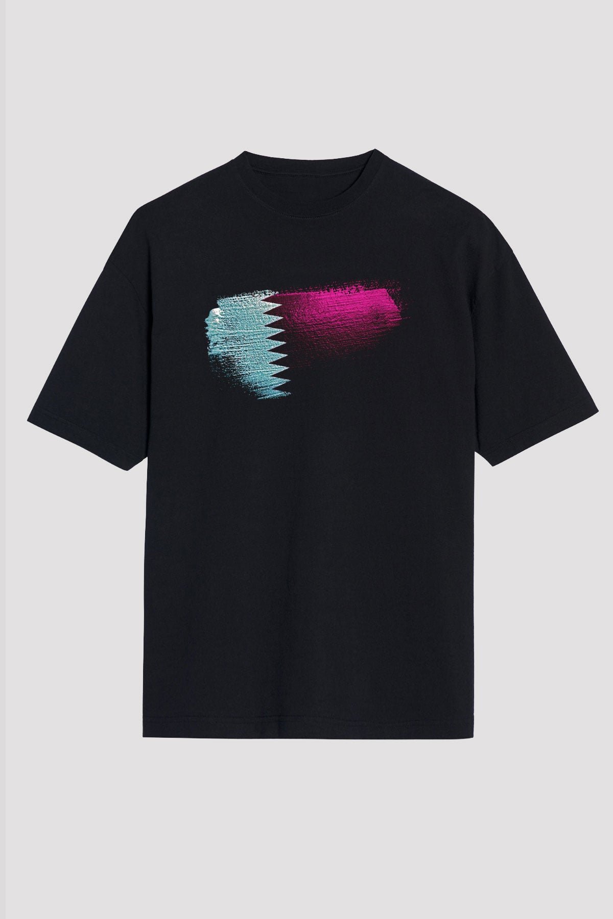 Katar - Qatar Bayrağı Baskılı Unisex Siyah Oversize Tişört
