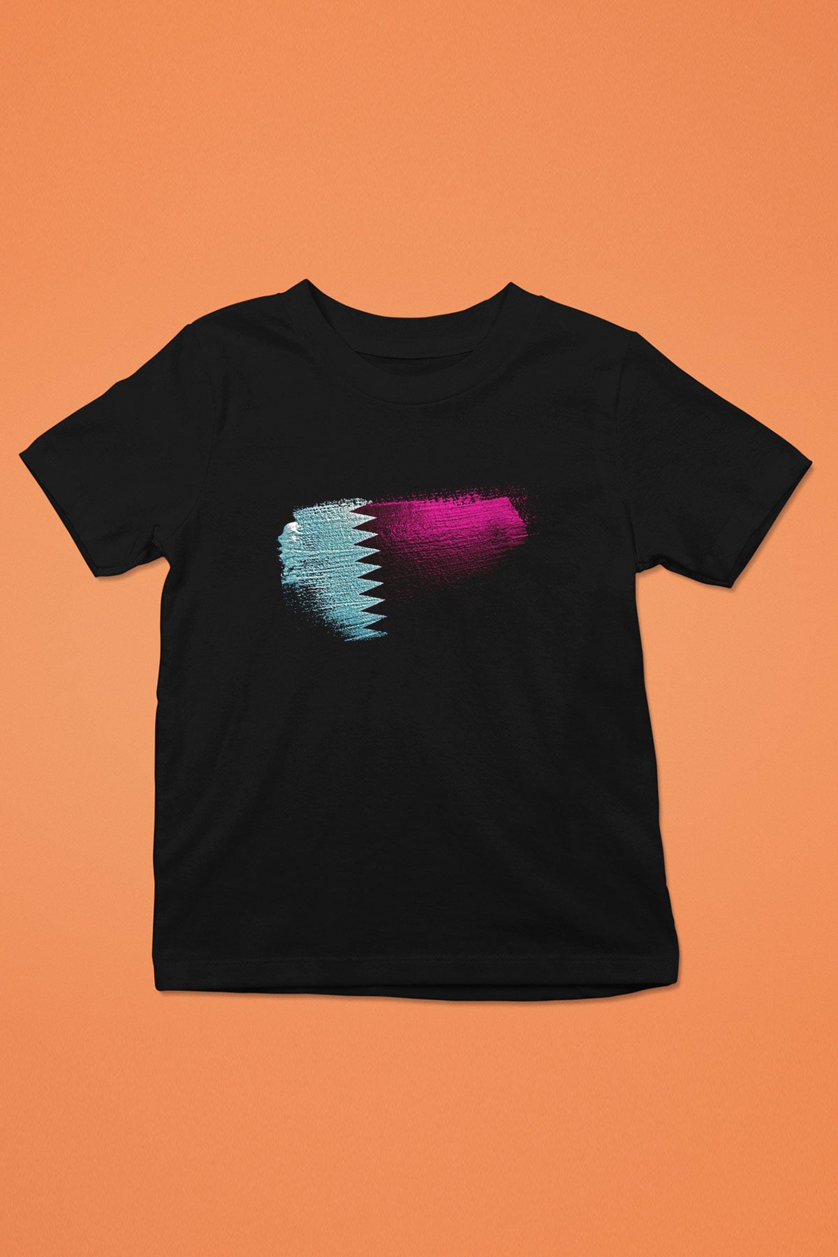 Katar - Qatar Bayrağı Baskılı Unisex Siyah Çocuk Tişörtü