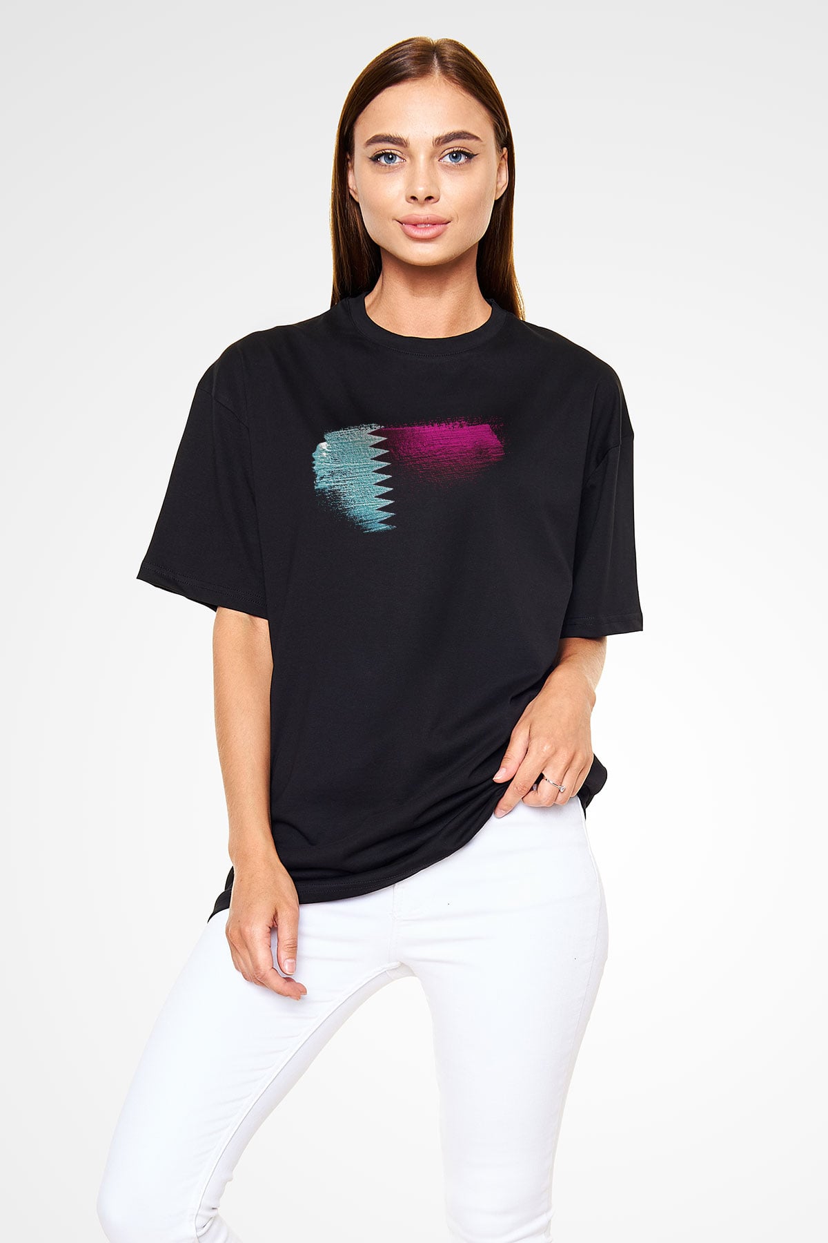 Katar - Qatar Bayrağı Baskılı Unisex Siyah Oversize Tişört