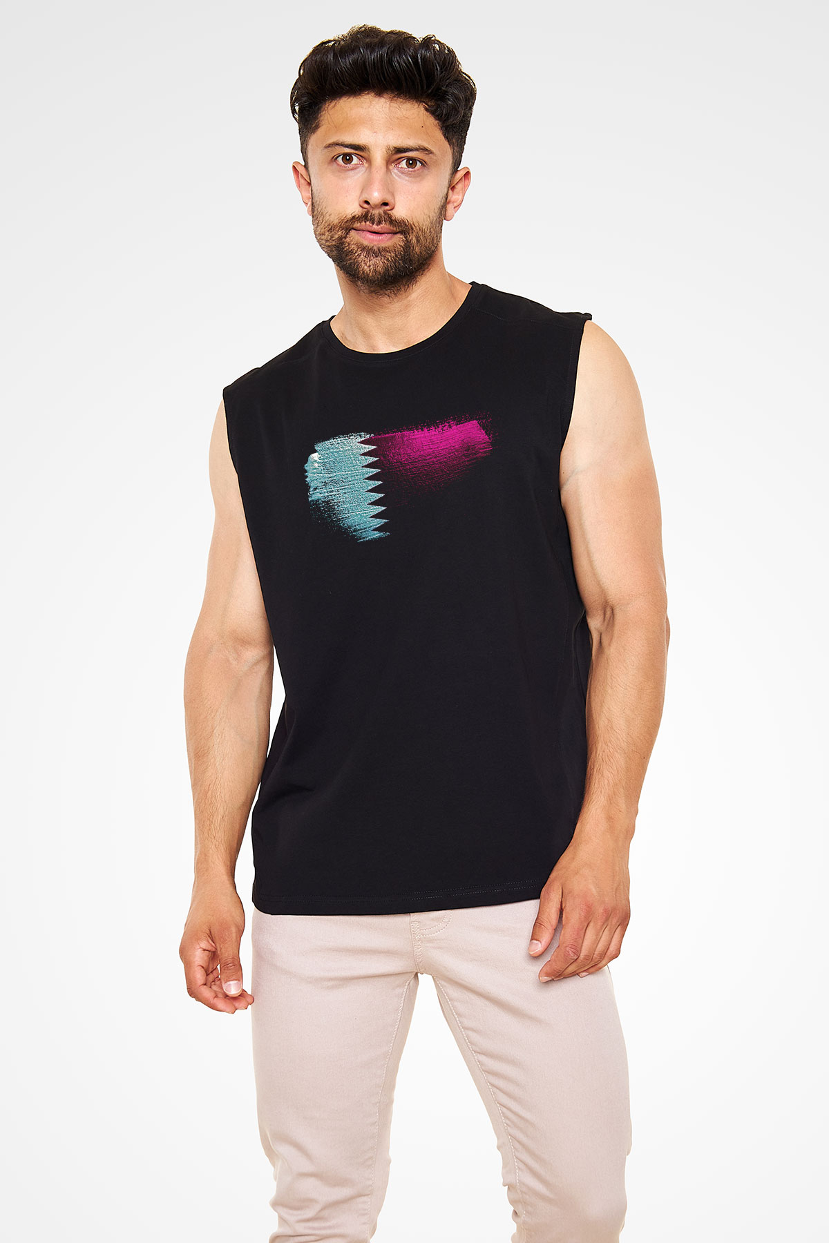 Katar - Qatar Bayrağı Baskılı Unisex Siyah Kolsuz Tişört