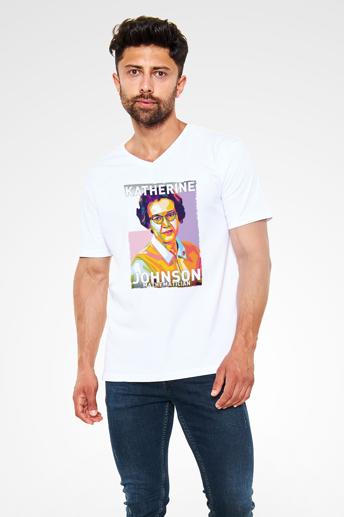 Katherine Johnson Baskılı Unisex V Yaka Beyaz Tişört - Tshirt