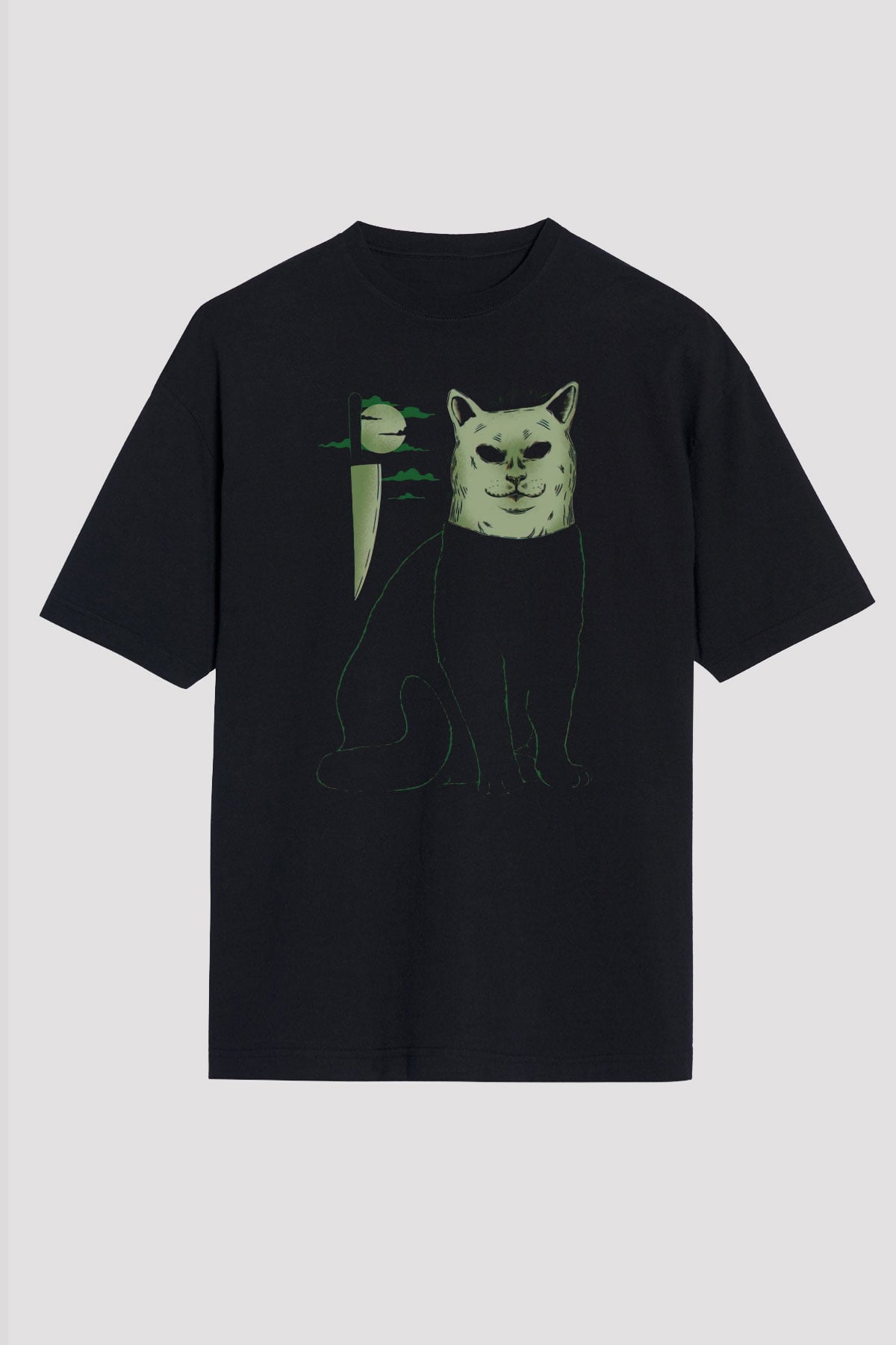 Katil Kedi Baskılı Unisex Siyah Tişört