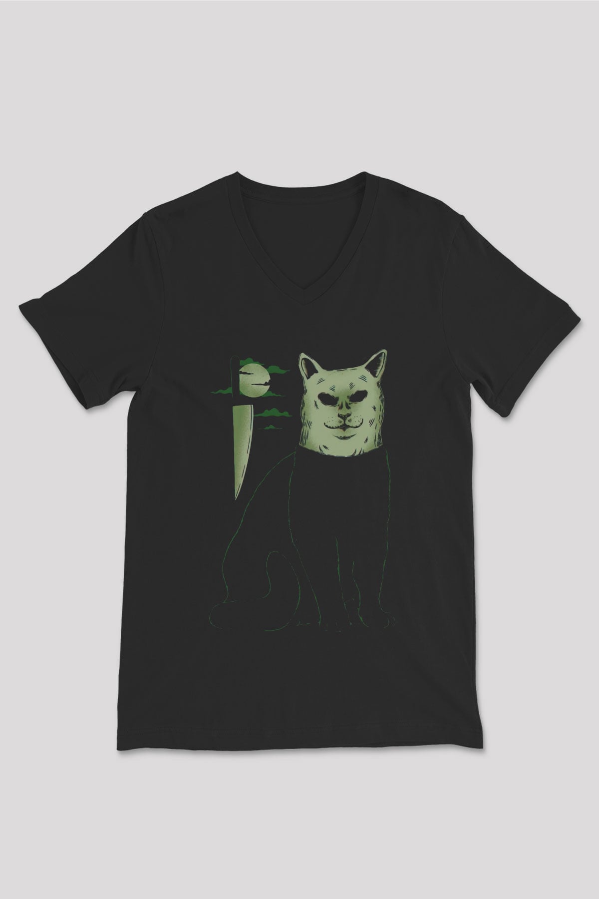 Katil Kedi Baskılı Unisex Siyah  V Yaka Tişört