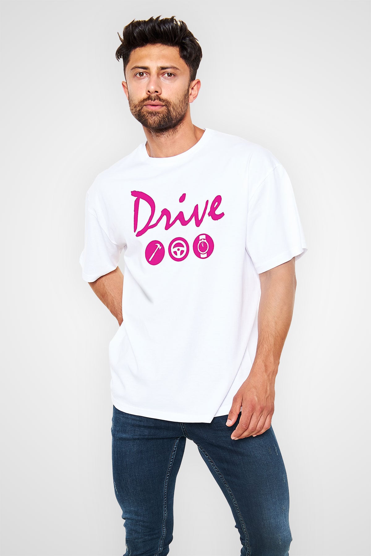 Kavinsky Baskılı Beyaz Unisex Oversize Tişört - Tshirt