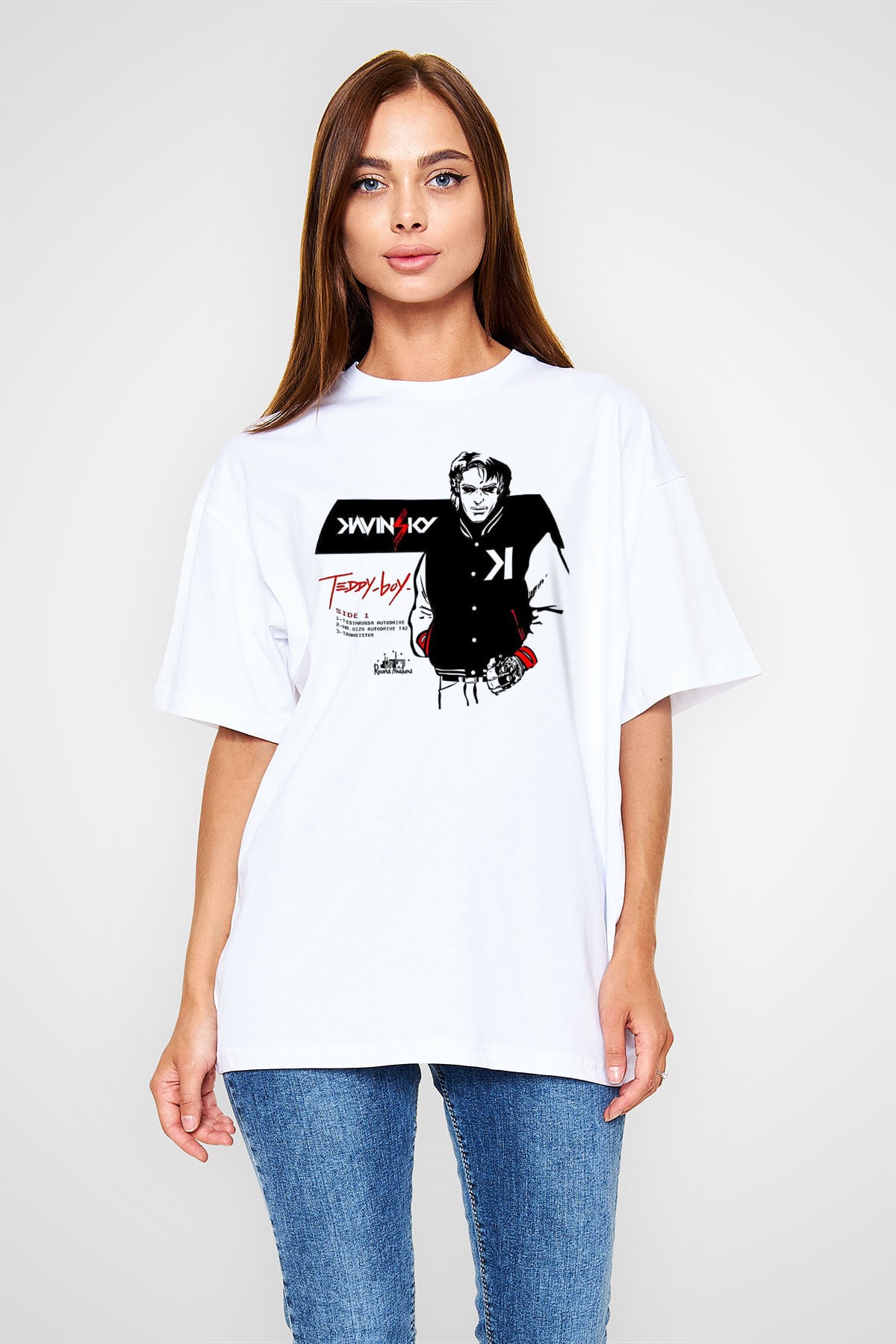 Kavinsky Baskılı Beyaz Unisex Oversize Tişört - Tshirt