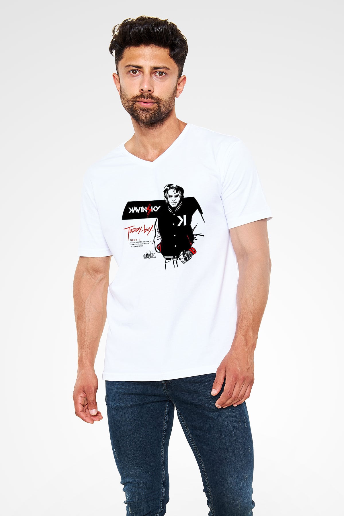 Kavinsky Baskılı Beyaz Unisex V Yaka Tişört - Tshirt