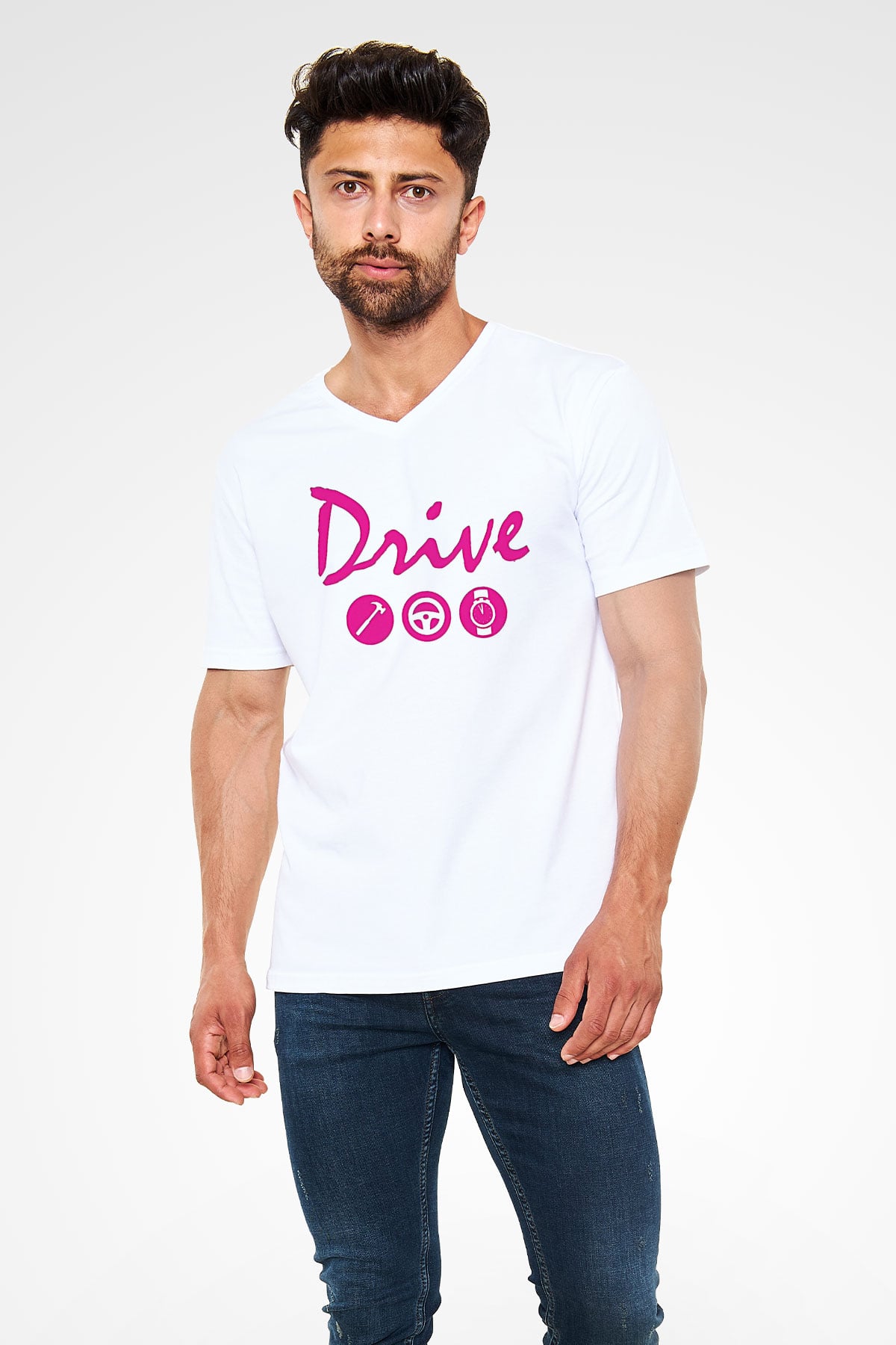 Kavinsky Baskılı Beyaz Unisex V Yaka Tişört - Tshirt