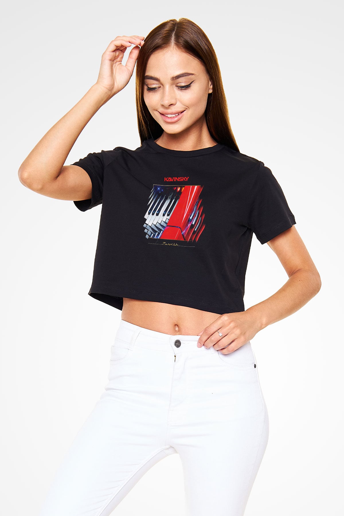Kavinsky Baskılı Siyah Crop Top Kadın Tişört - Tshirt