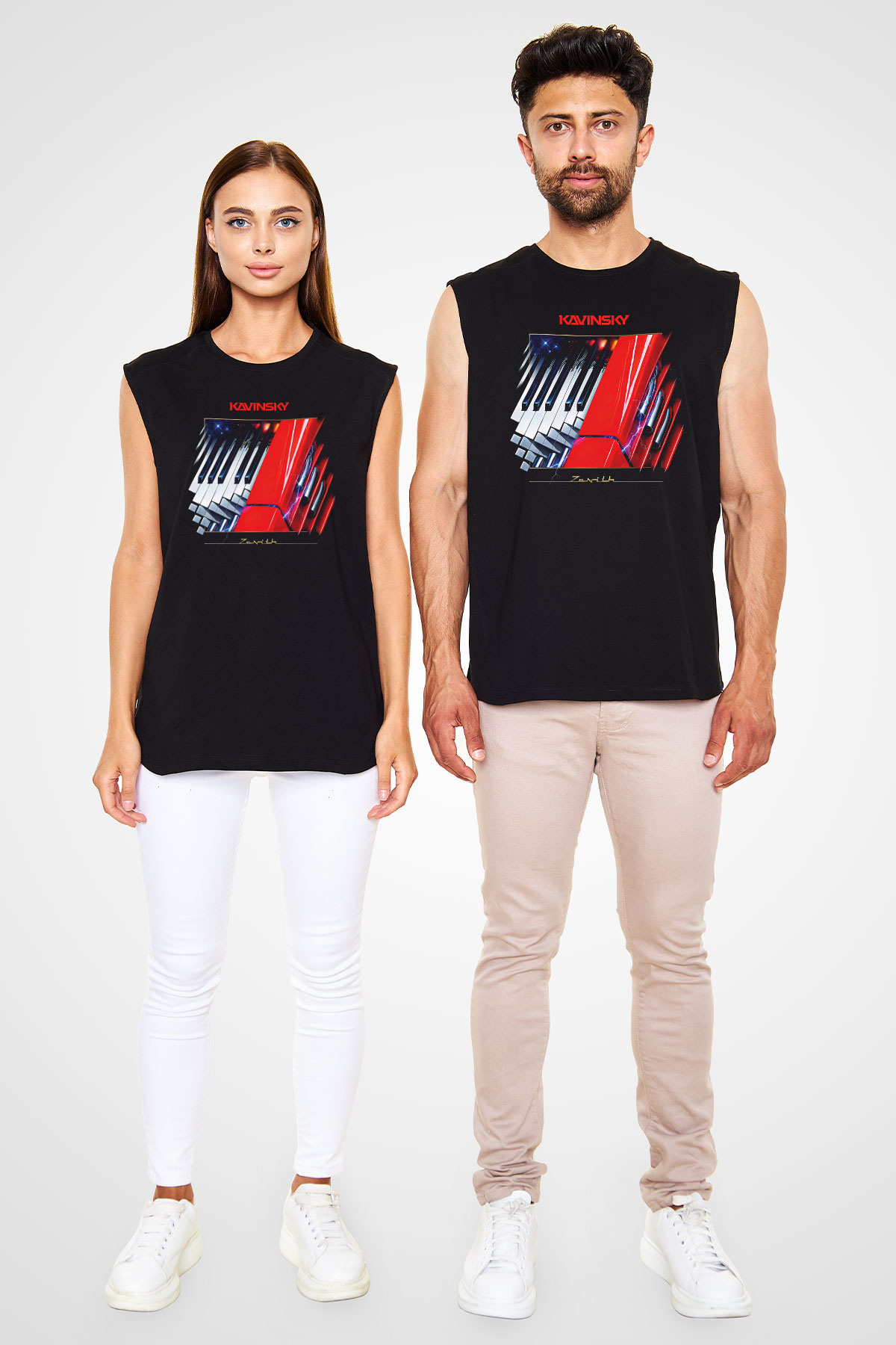 Kavinsky Baskılı Unisex Siyah Kolsuz Tişört - Tshirt