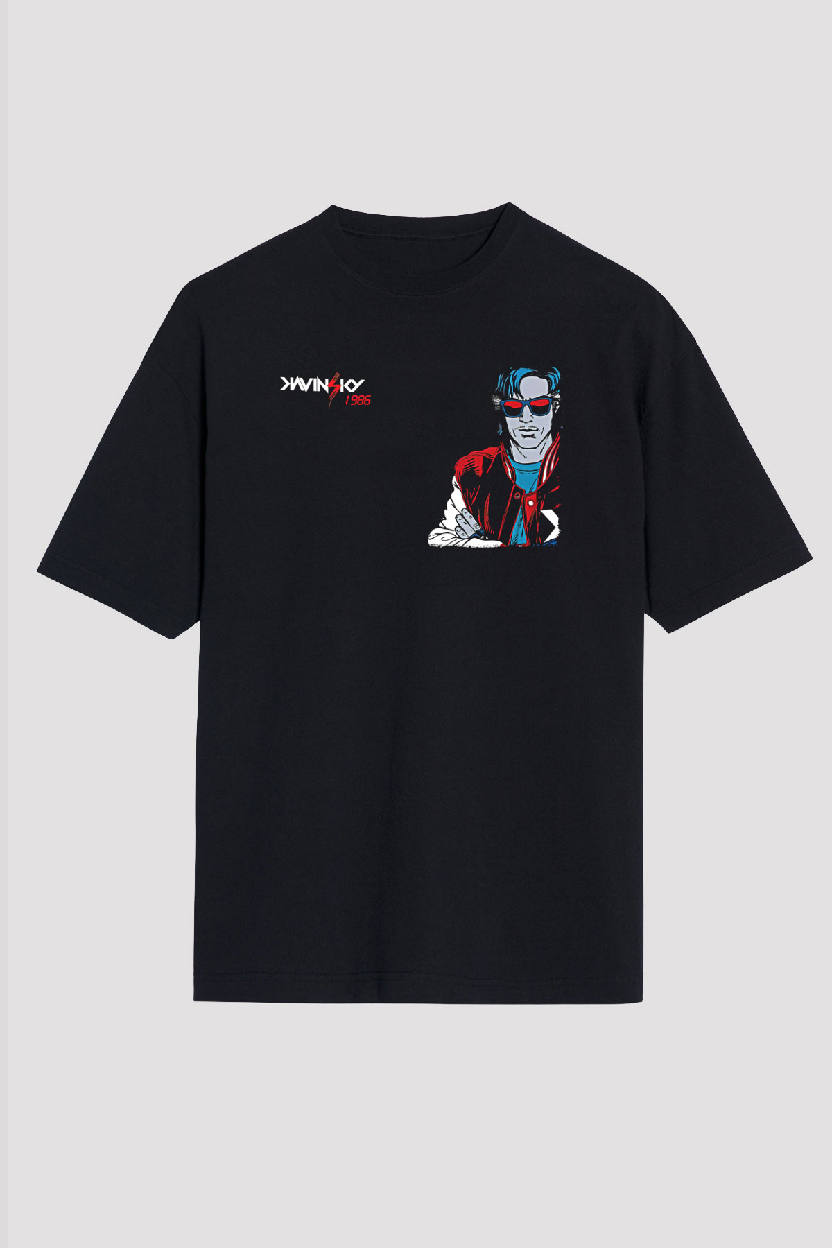 Kavinsky Baskılı Unisex Siyah Oversize Tişört - Tshirt