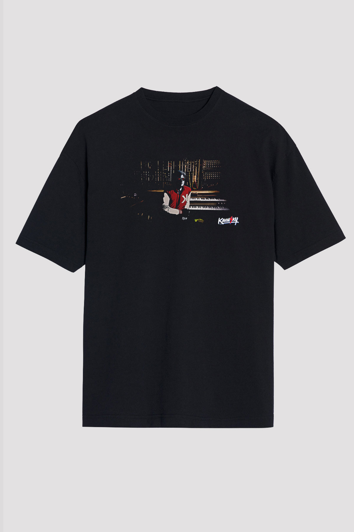Kavinsky Baskılı Unisex Siyah Oversize Tişört - Tshirt