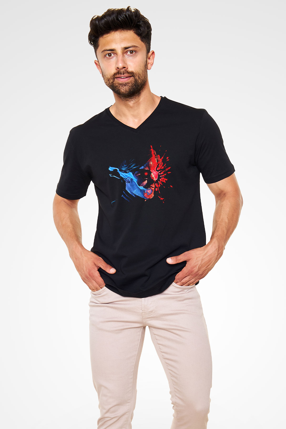 Kavinsky Baskılı Unisex Siyah V Yaka Tişört - Tshirt