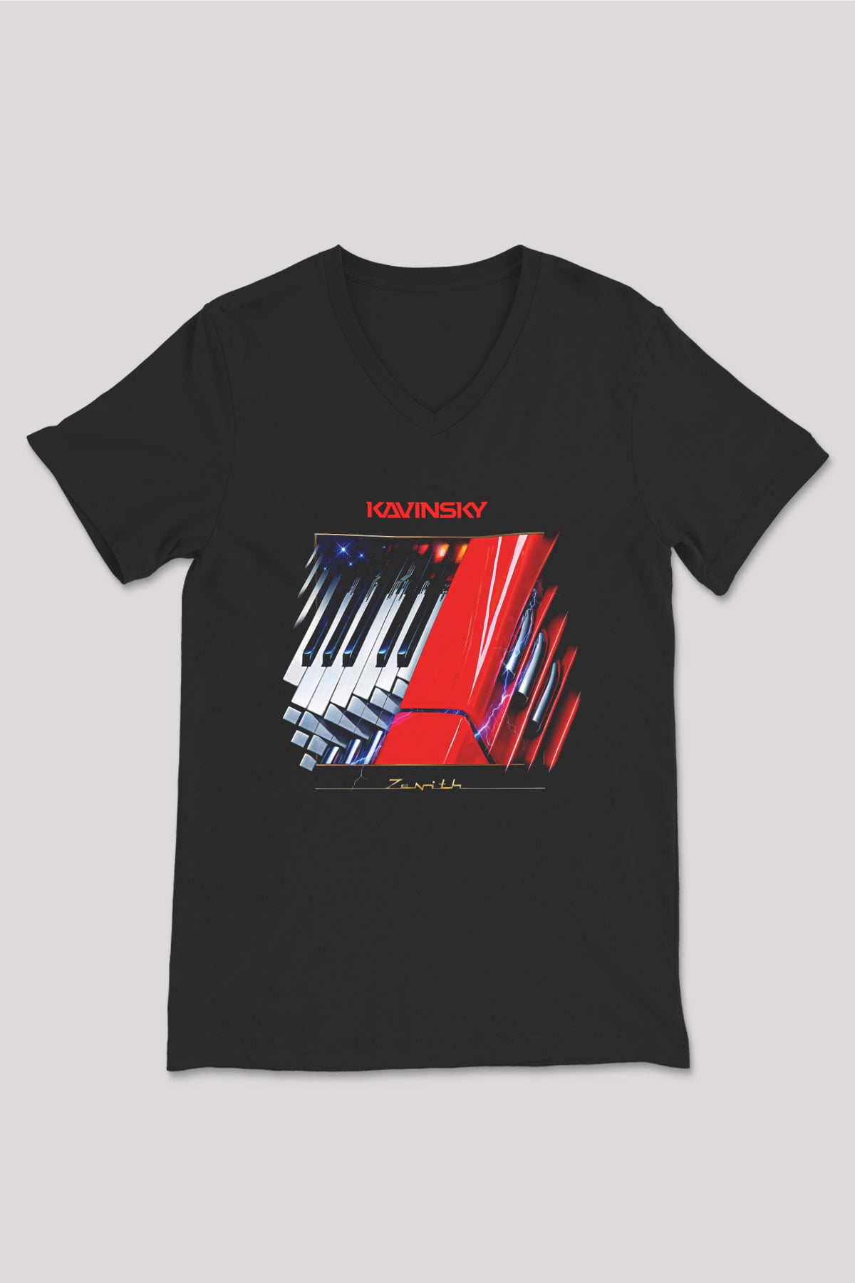 Kavinsky Baskılı Unisex Siyah V Yaka Tişört - Tshirt