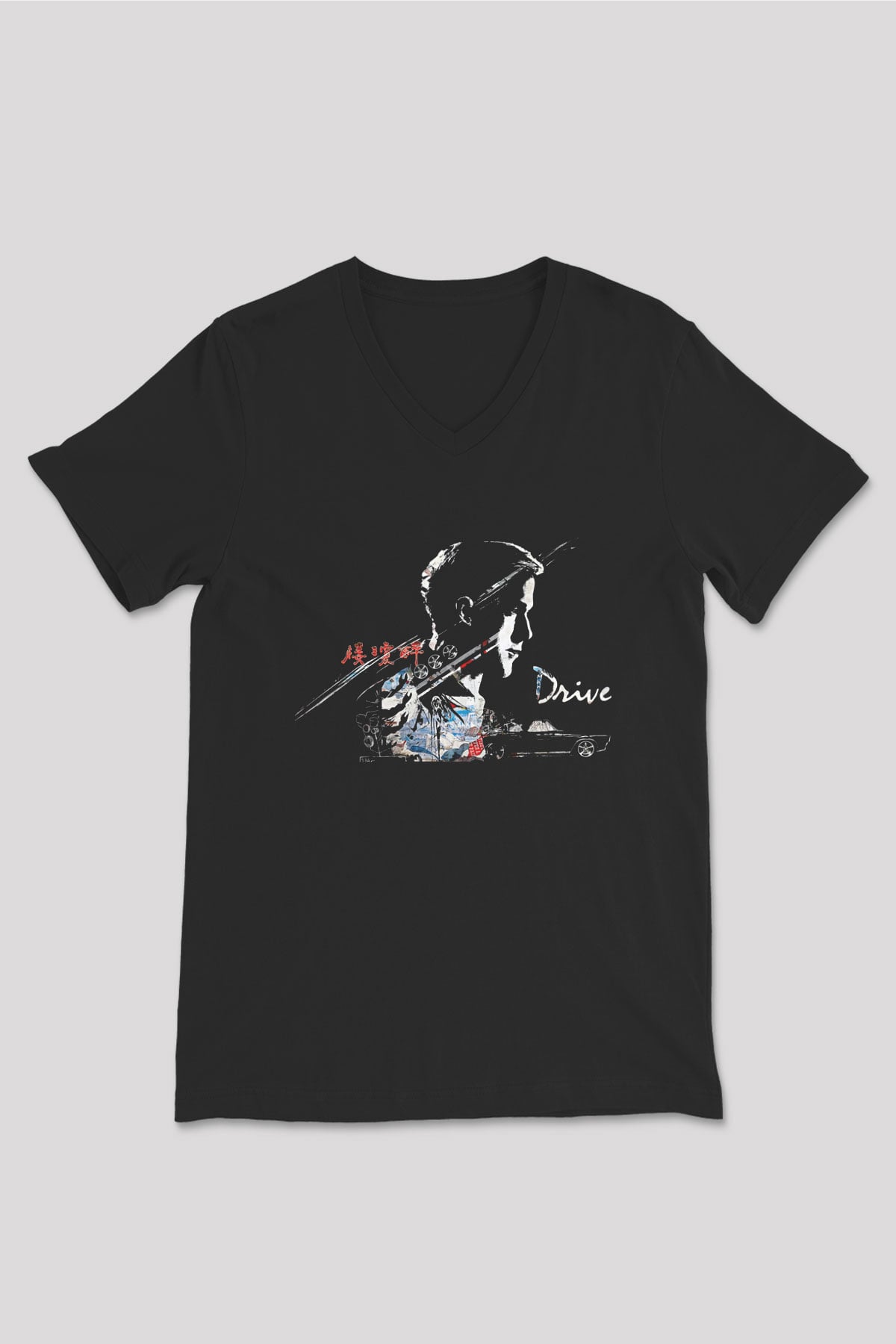 Kavinsky Baskılı Unisex Siyah V Yaka Tişört - Tshirt