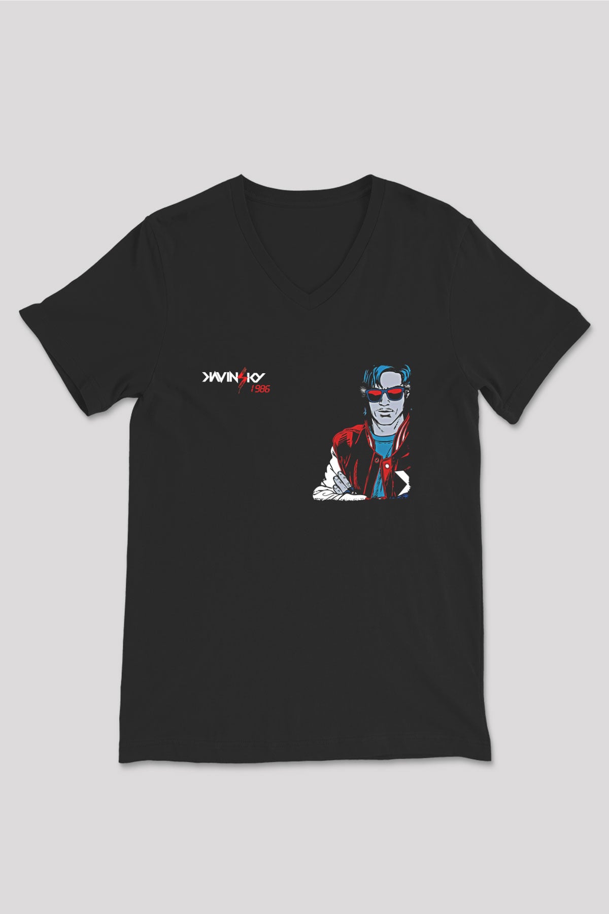 Kavinsky Baskılı Unisex Siyah V Yaka Tişört - Tshirt