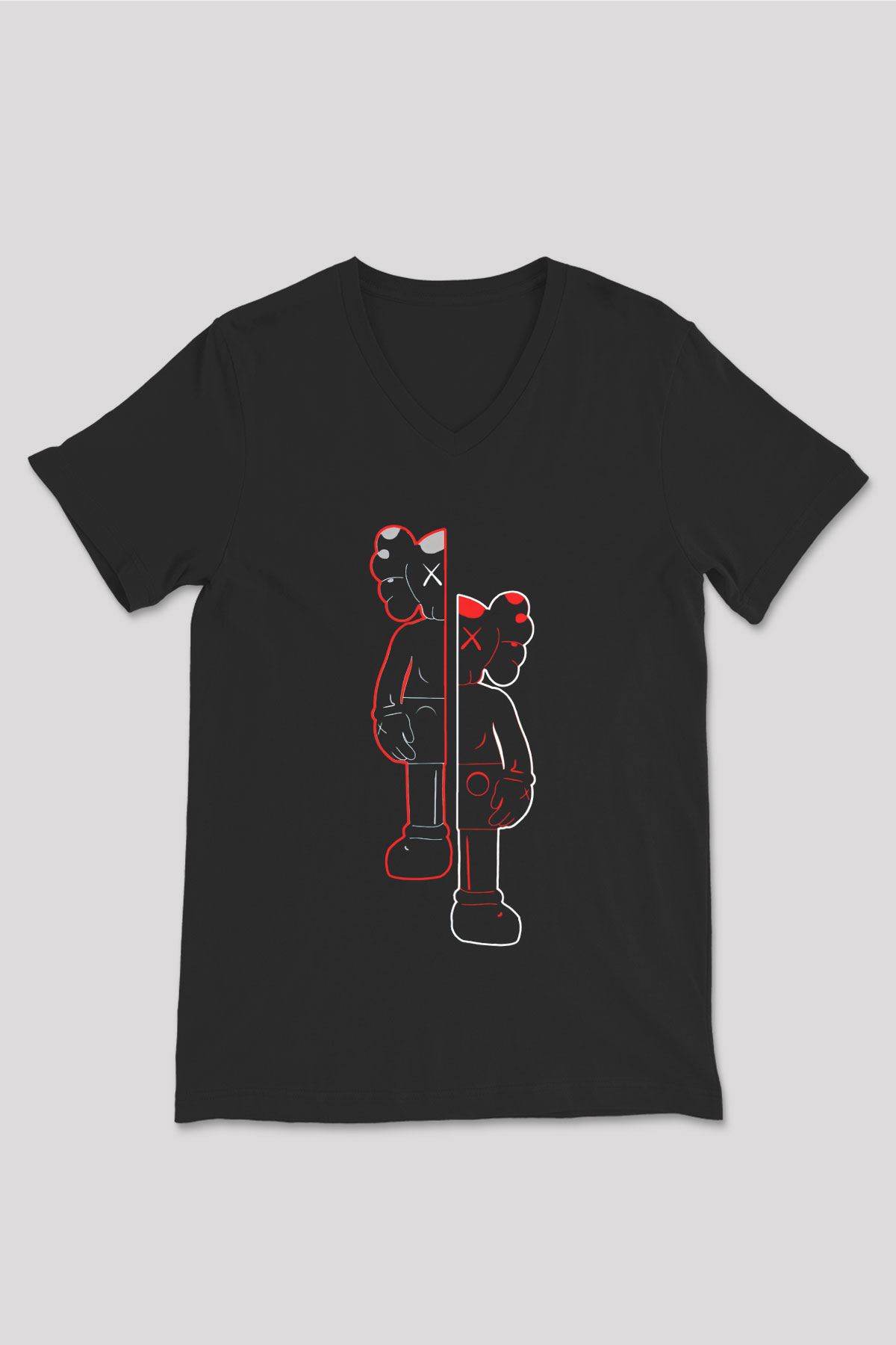 Kaws Baskılı Unisex Siyah  V Yaka Tişört