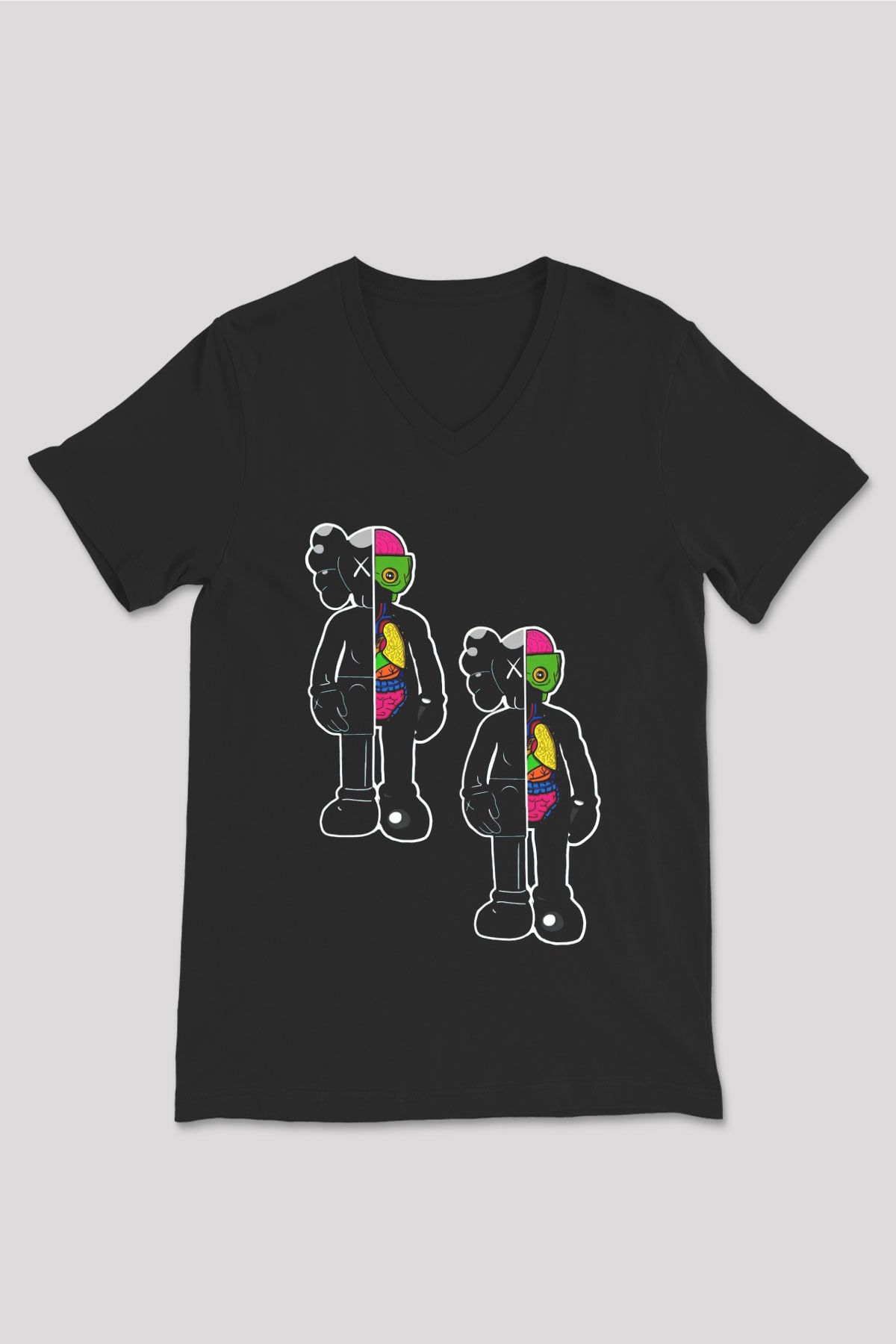 Kaws Temalı Baskılı Unisex Siyah  V Yaka Tişört
