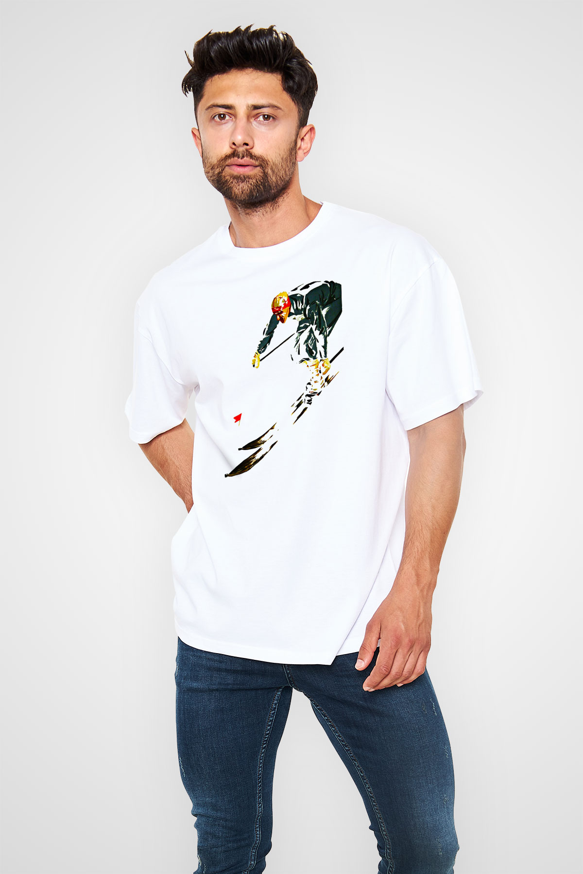 Kayak Baskılı Unisex Beyaz Oversize Tişört - Tshirt