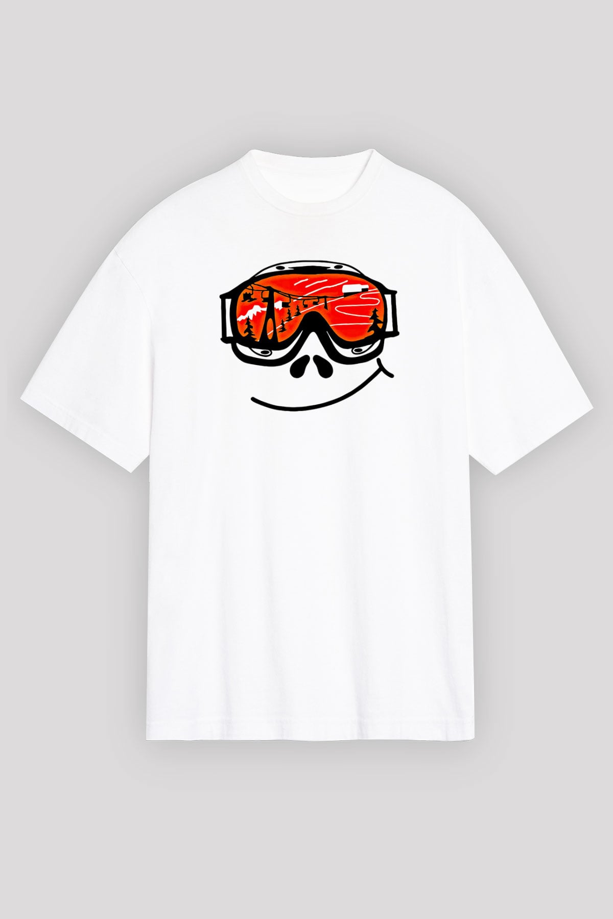 Kayak Baskılı Unisex Beyaz Oversize Tişört - Tshirt