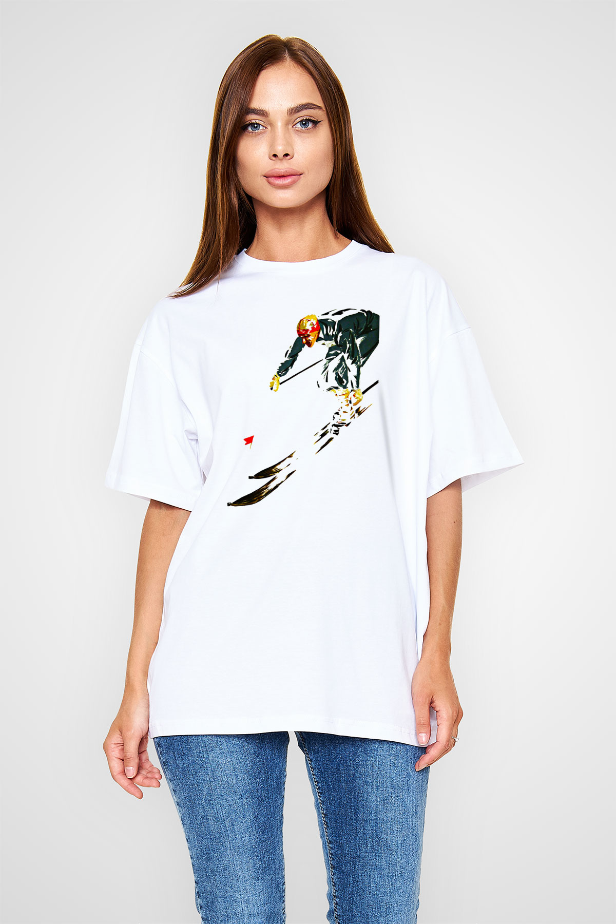 Kayak Baskılı Unisex Beyaz Oversize Tişört - Tshirt