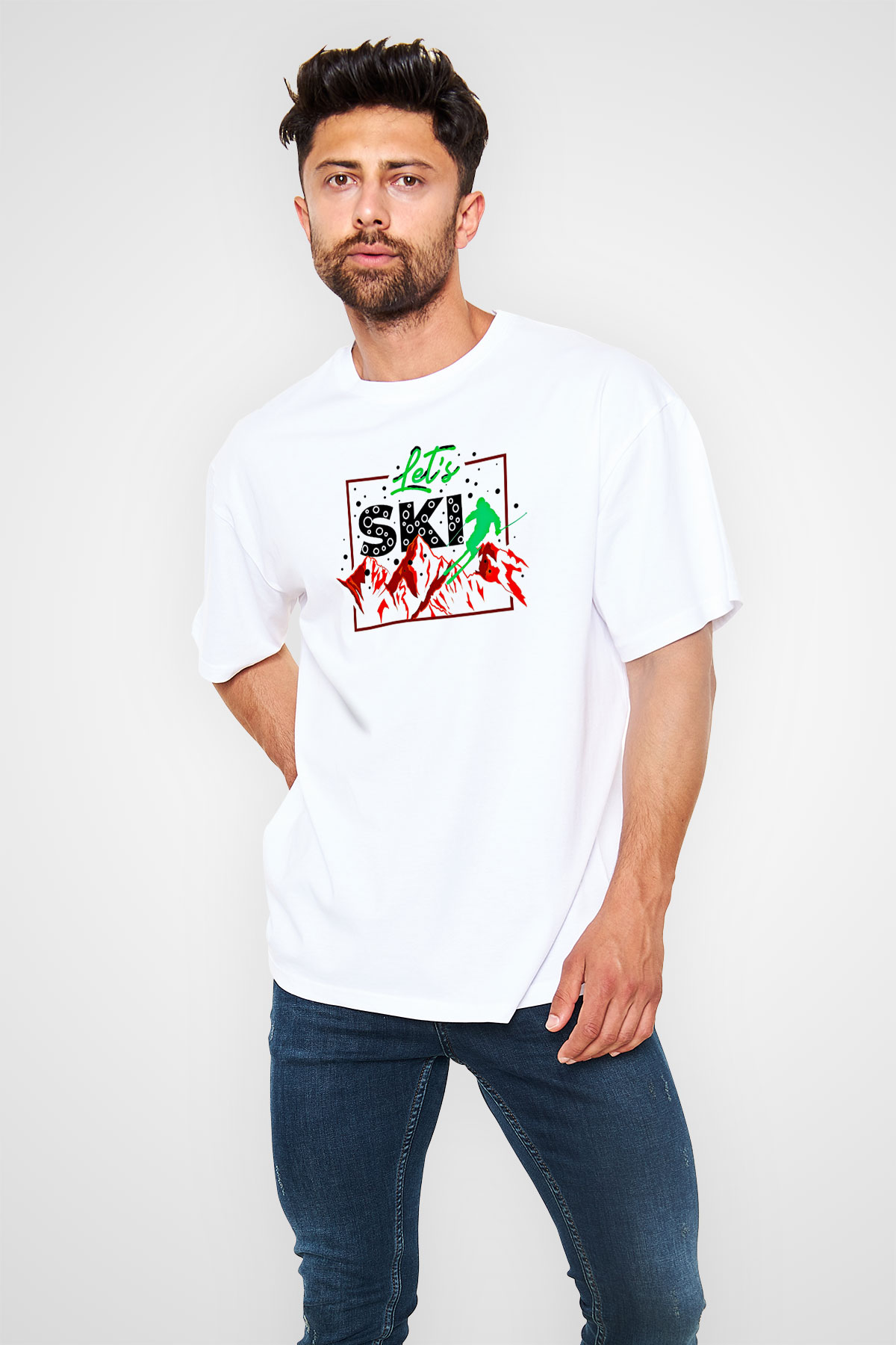 Kayak Baskılı Unisex Beyaz Oversize Tişört - Tshirt