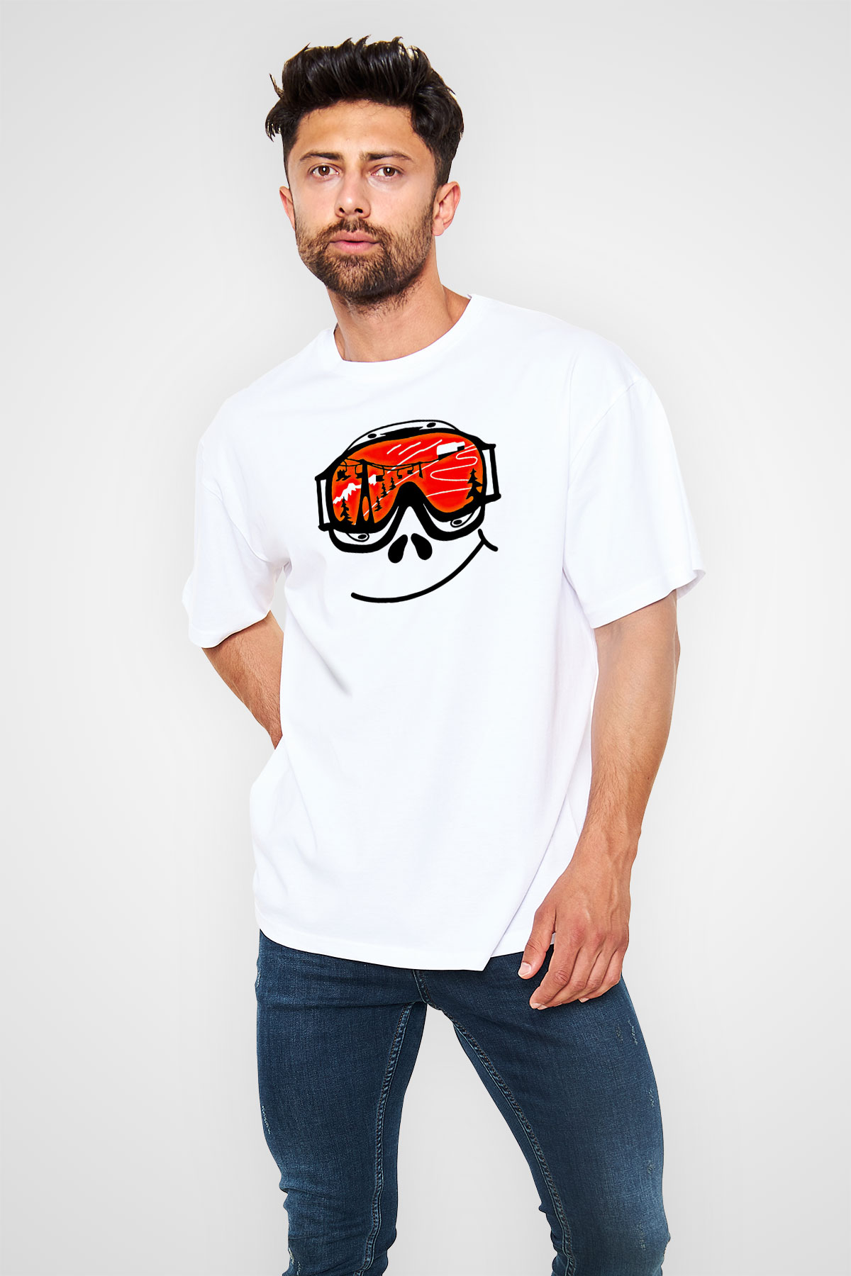 Kayak Baskılı Unisex Beyaz Oversize Tişört - Tshirt
