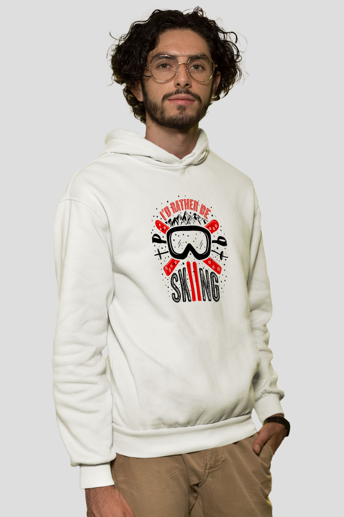 Kayak Baskılı Unisex Ekru Hoodie
