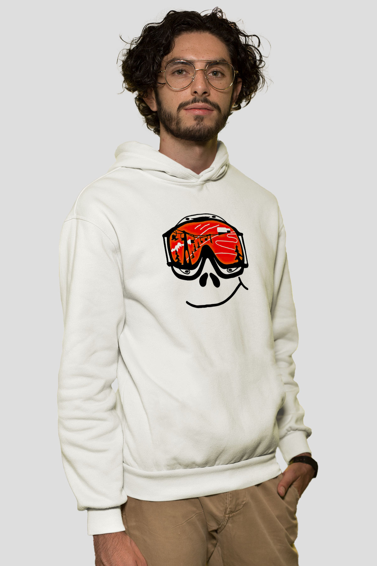 Kayak Baskılı Unisex Ekru Hoodie