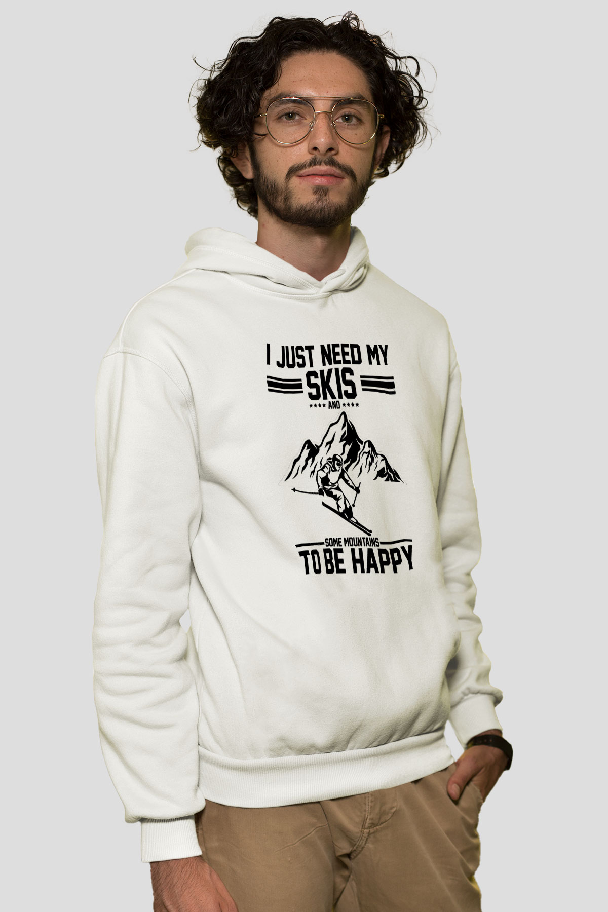 Kayak Baskılı Unisex Ekru Hoodie